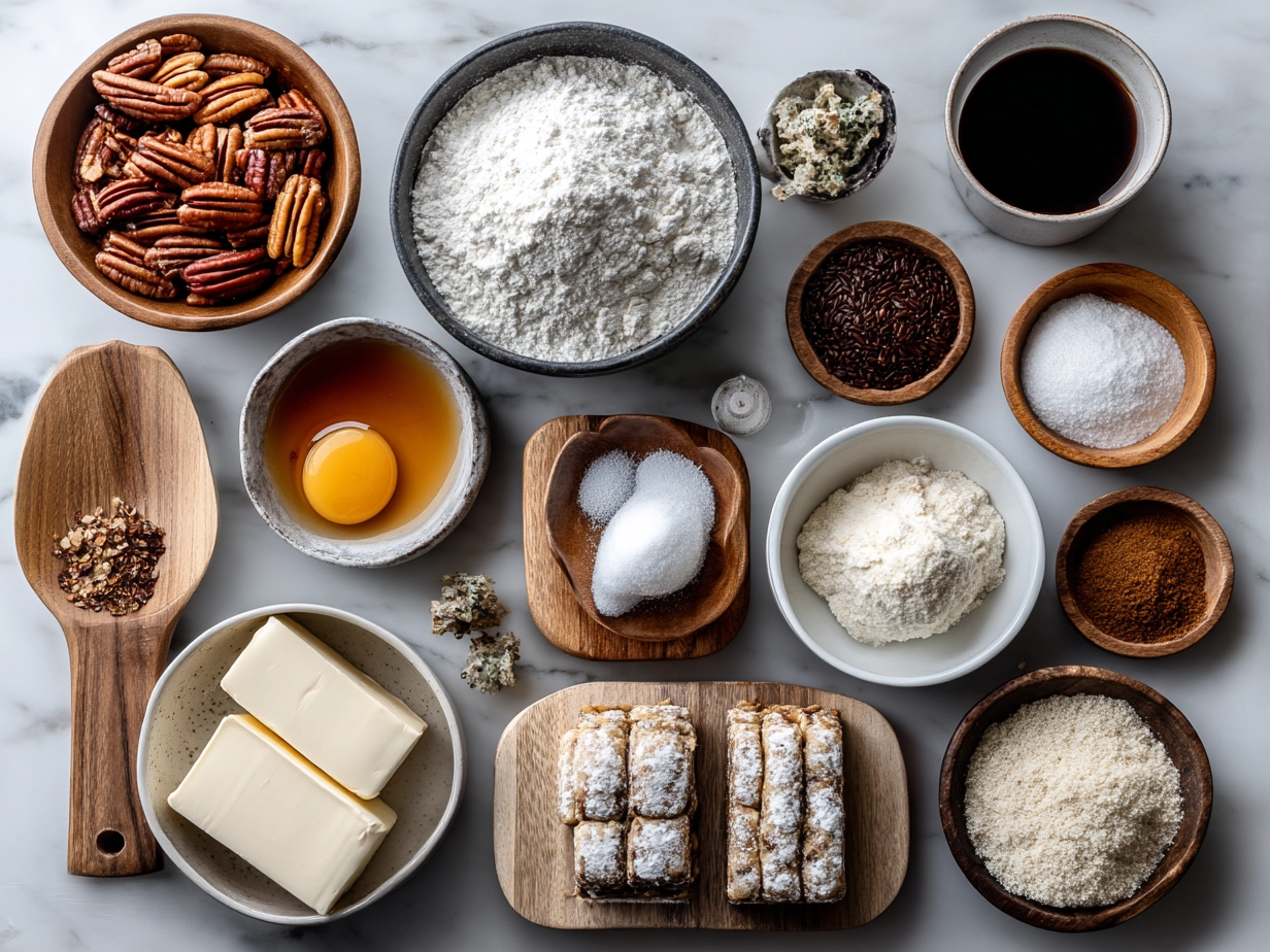 Ingredients for Maple Pecan Sticky Buns laid out on a surface