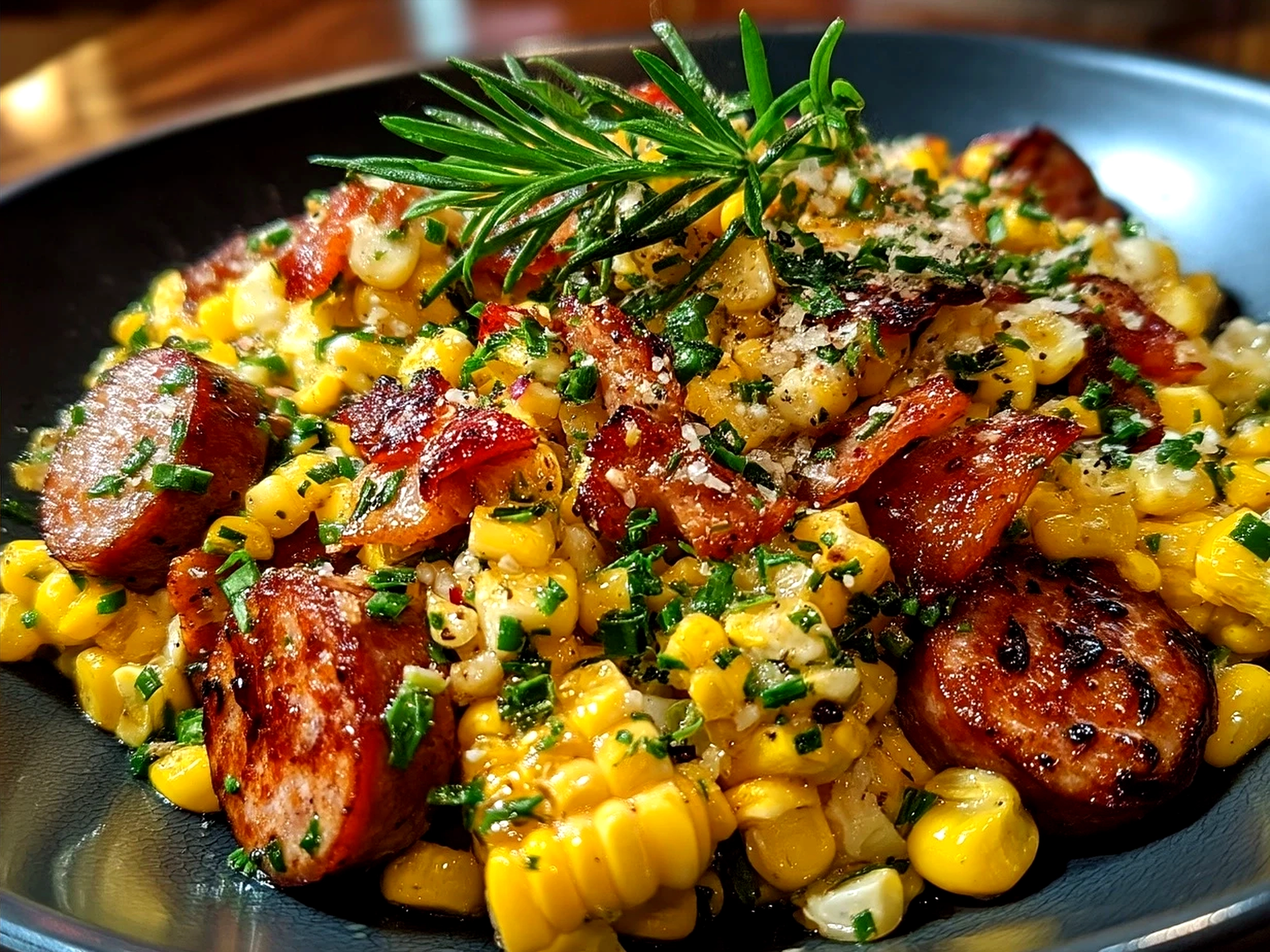 Final plated Maque Choux With Sausage Corn garnished and served