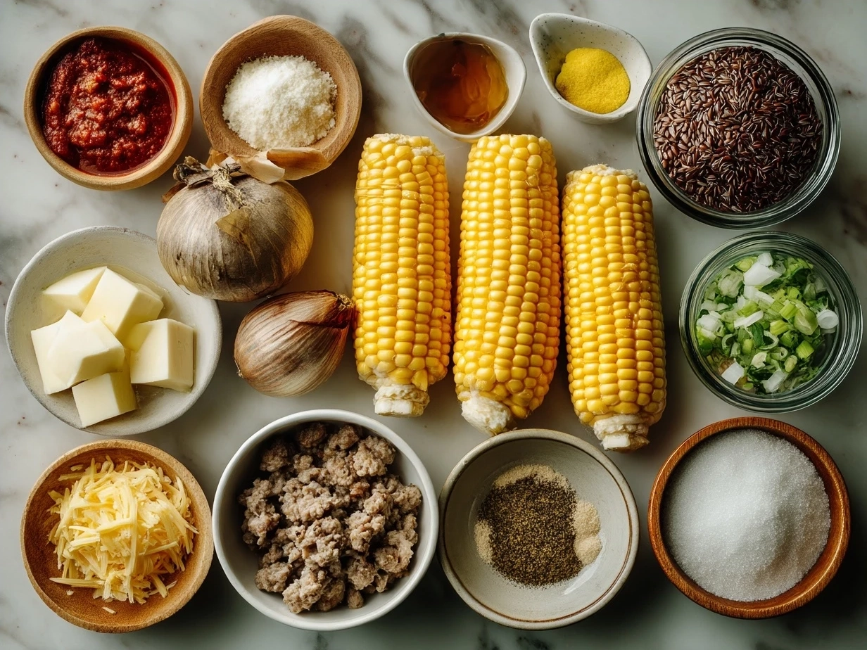 Ingredients laid out for Maque Choux With Sausage Corn including corn, sausage, bell peppers, and seasonings