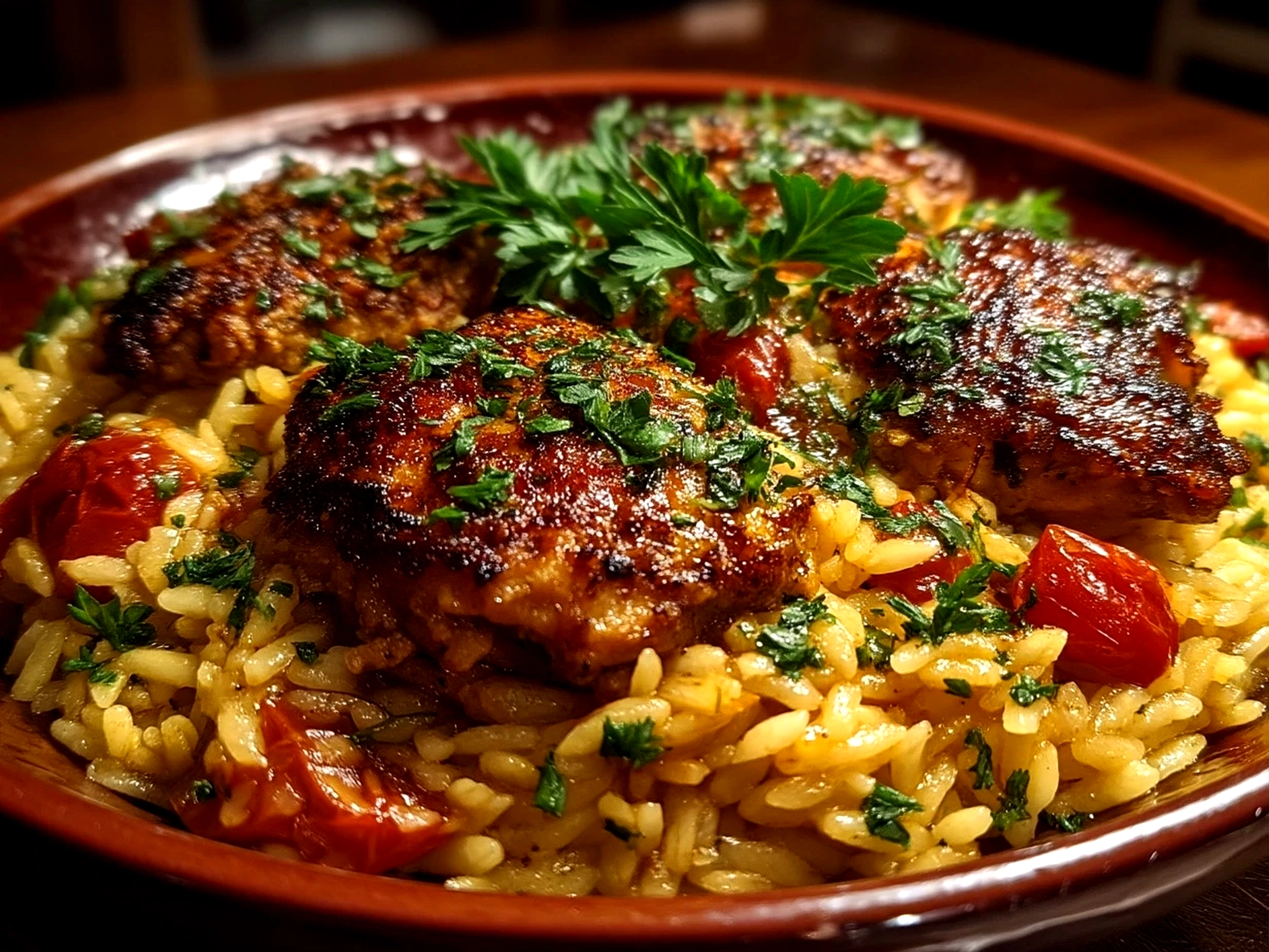 Plate of Mediterranean Chicken Orzo garnished with lemon and parsley