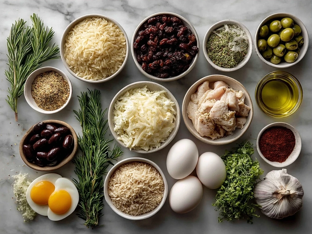 Ingredients for Mediterranean Chicken Orzo laid out beautifully
