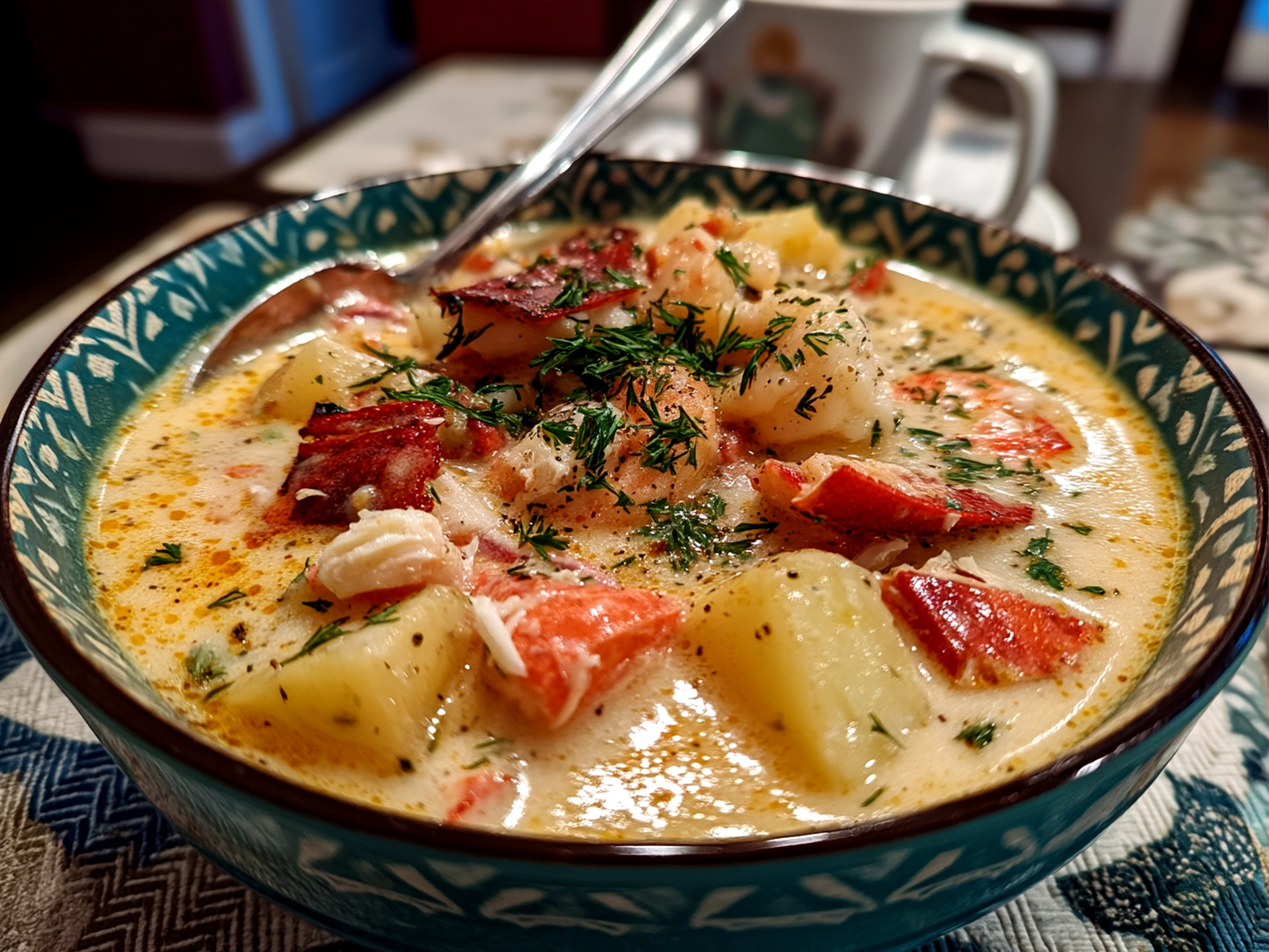 Bowl of Nova Scotia Seafood Chowder garnished with fresh parsley and served with crusty bread
