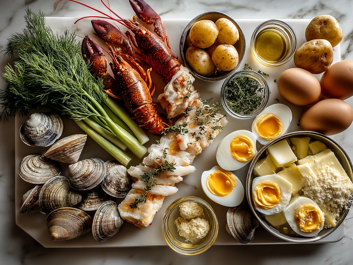 Ingredients laid out for making Nova Scotia Seafood Chowder