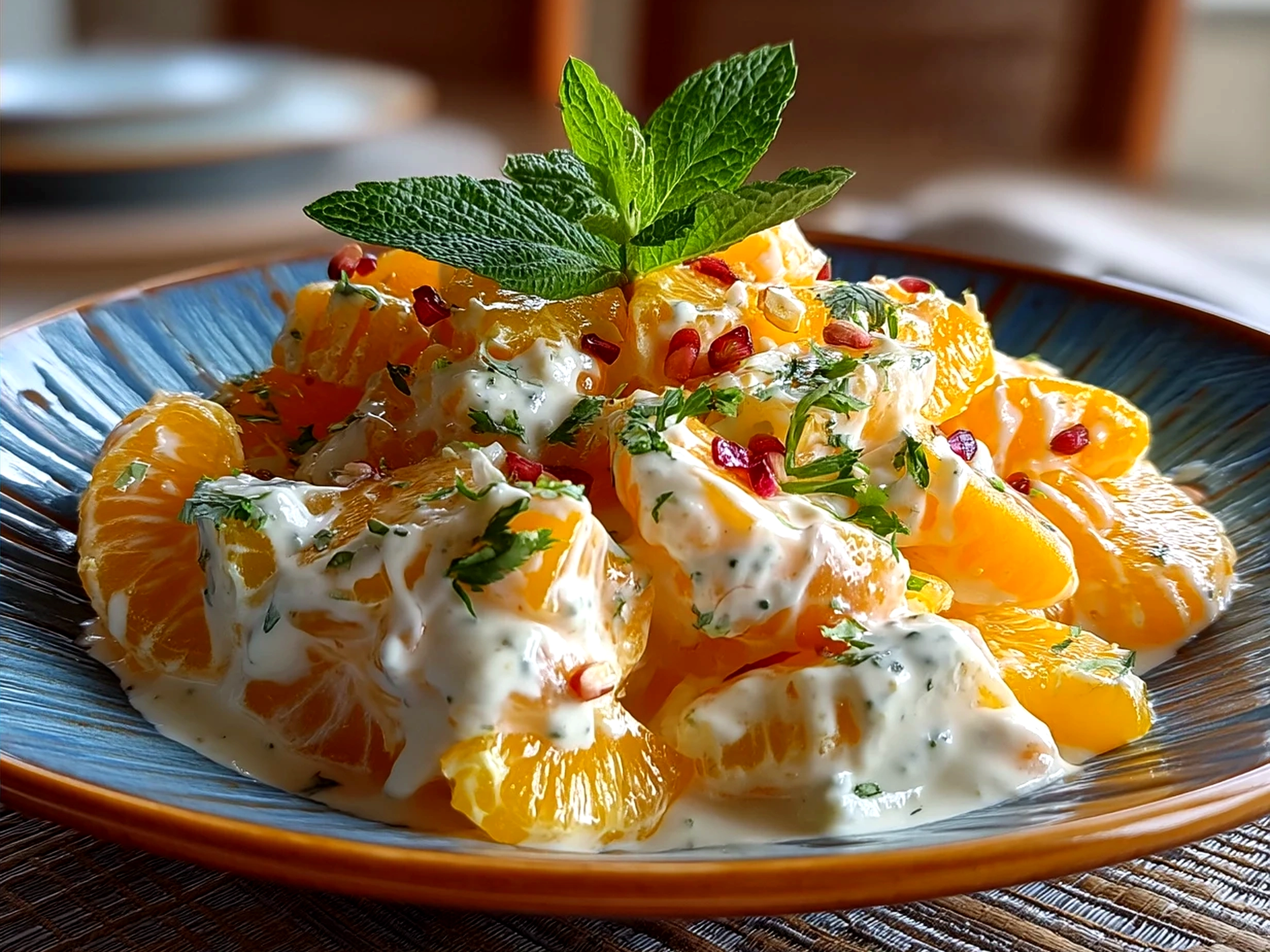 Served Orange Dreamsicle Salad in a clear glass bowl garnished with nuts and mint leaves