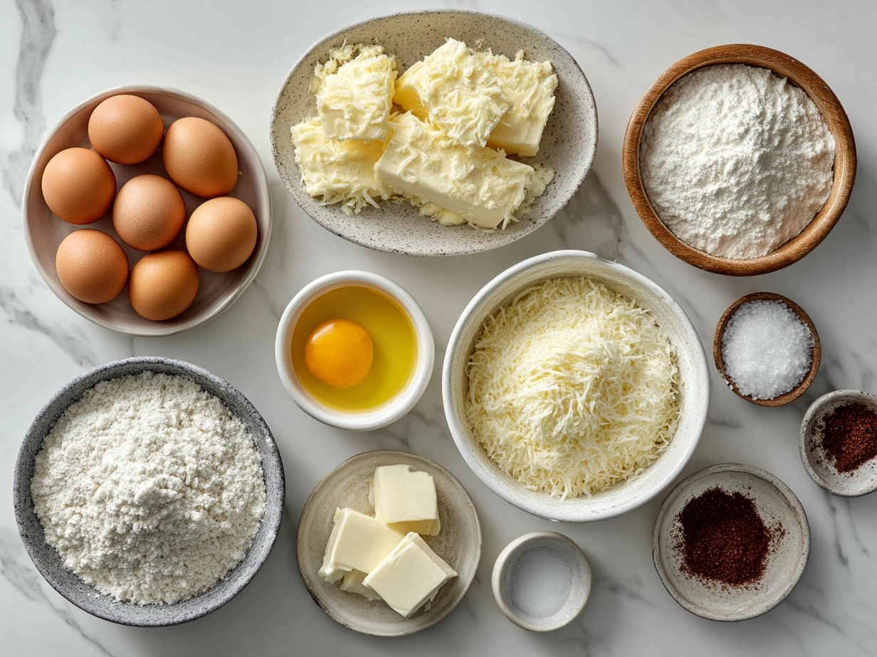 Ingredients for Peach Cobbler Cheesecake laid out including peaches, cream cheese, sugar, eggs, and more