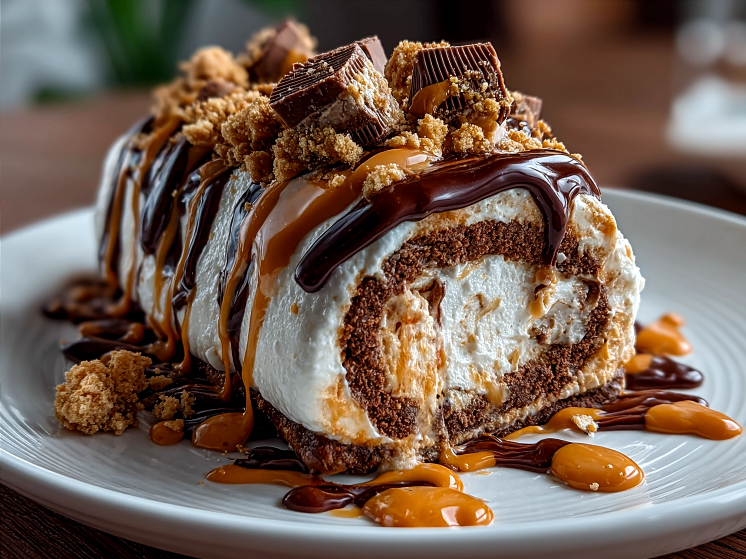 Slices of Peanut Butter Cup Chocolate Roll served with whipped cream on a dark plate