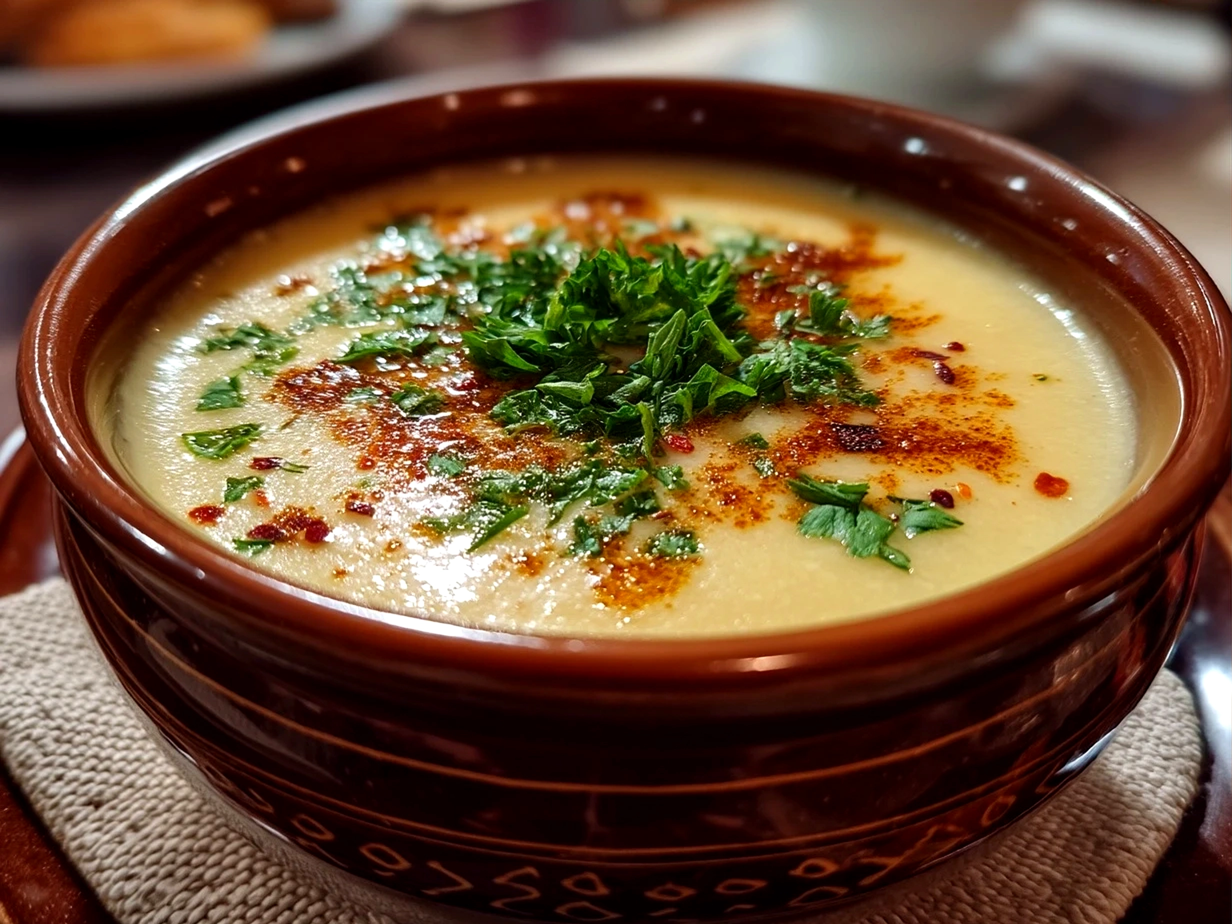 Creamy Potato Soup served in a bowl garnished with bacon, cheddar cheese, and chives