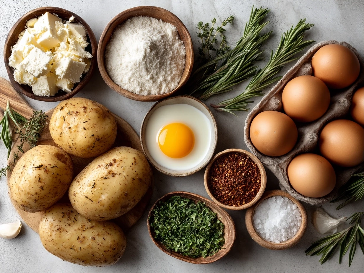 Ingredients for Potato Soup including potatoes, onions, garlic, cheese, and bacon