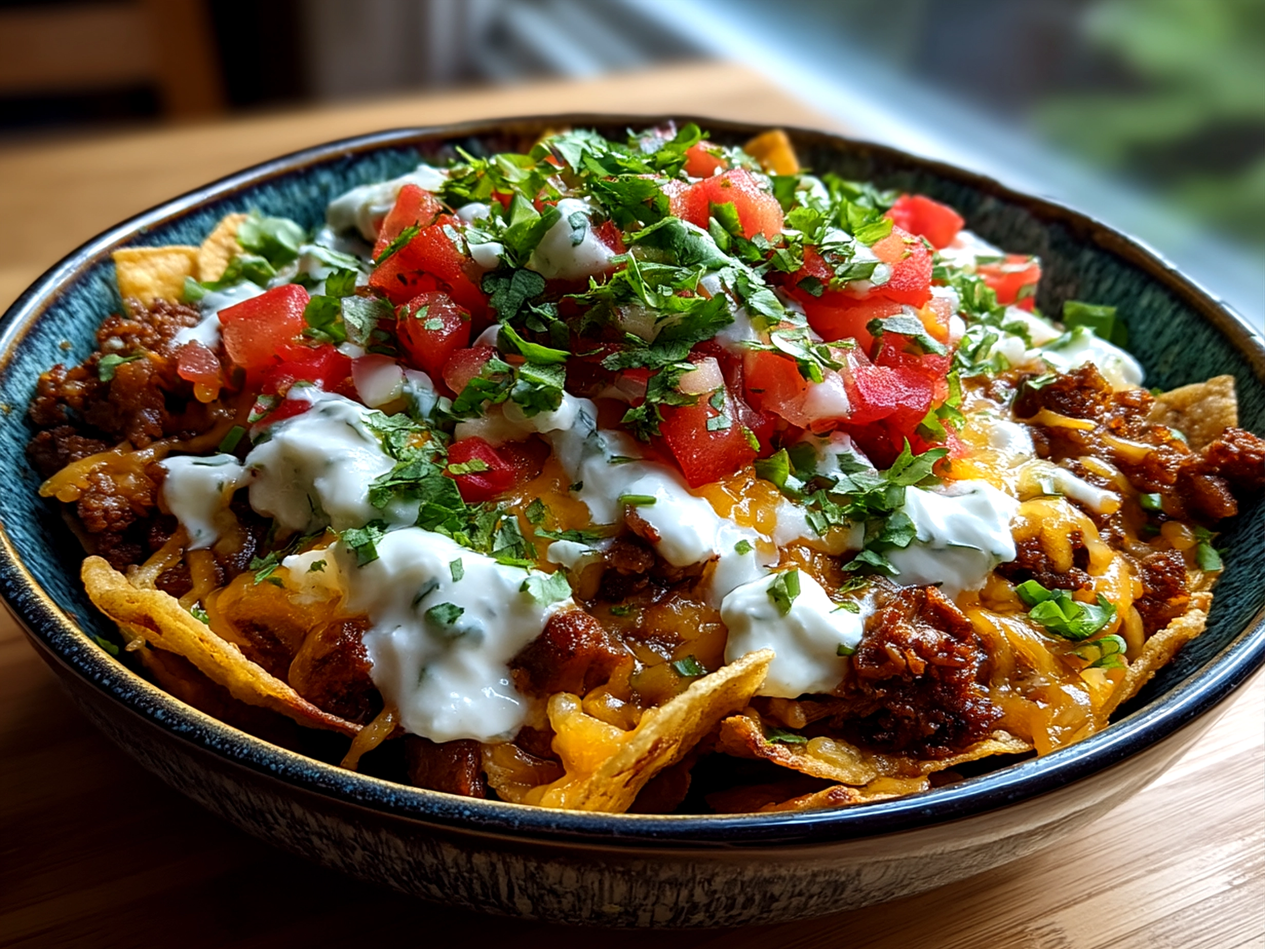 Finished Ranch Taco Party Bowl showing colorful layers with toppings in a bowl