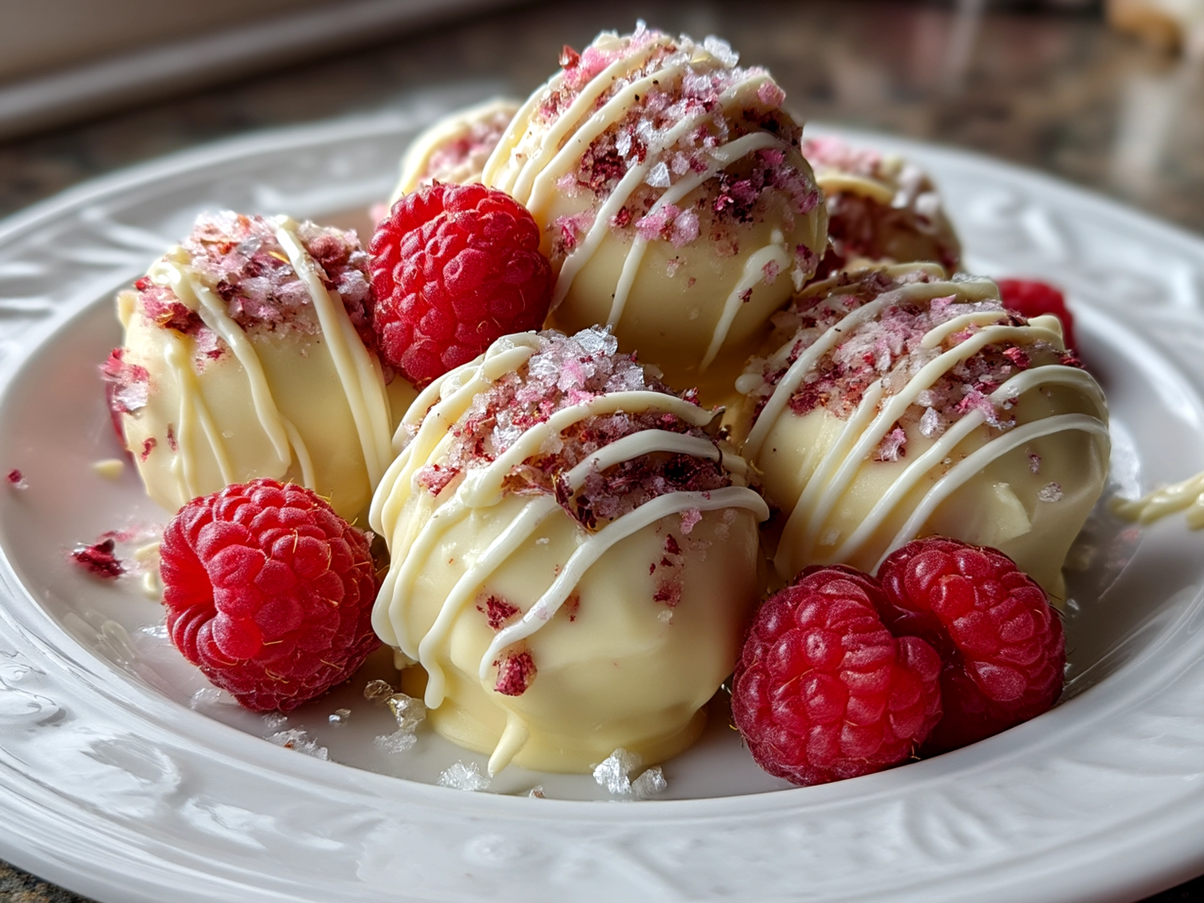 Plated Raspberry Cheesecake Truffles served with fresh berries and crushed pistachios