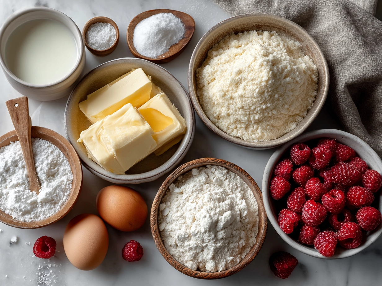 Ingredients for Raspberry Cheesecake Truffles with cream cheese, powdered sugar, fresh raspberries, vanilla extract, chocolate melts, and graham cracker crumbs