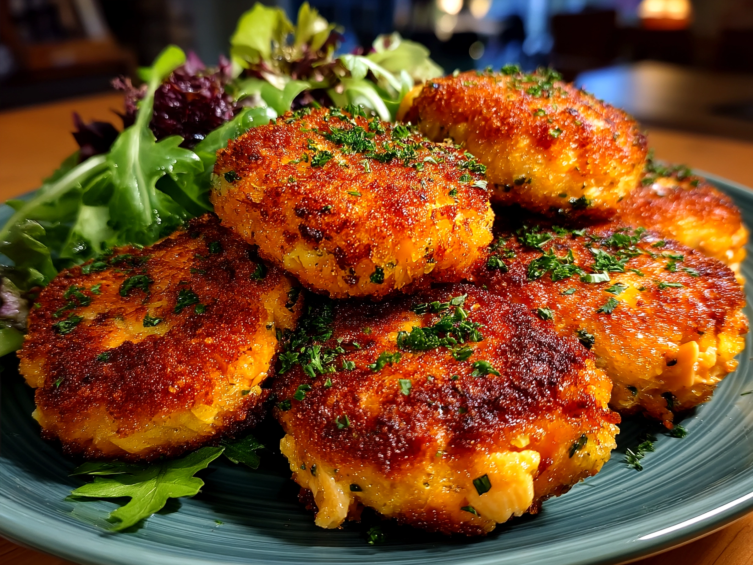 Beautifully plated Salmon Croquettes served with garlic aioli and lemon wedges