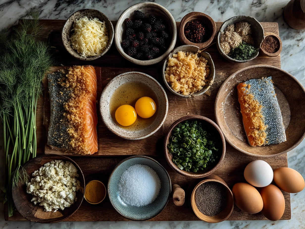 Ingredients for Salmon Croquettes including canned salmon, eggs, onion, breadcrumbs, and fresh herbs