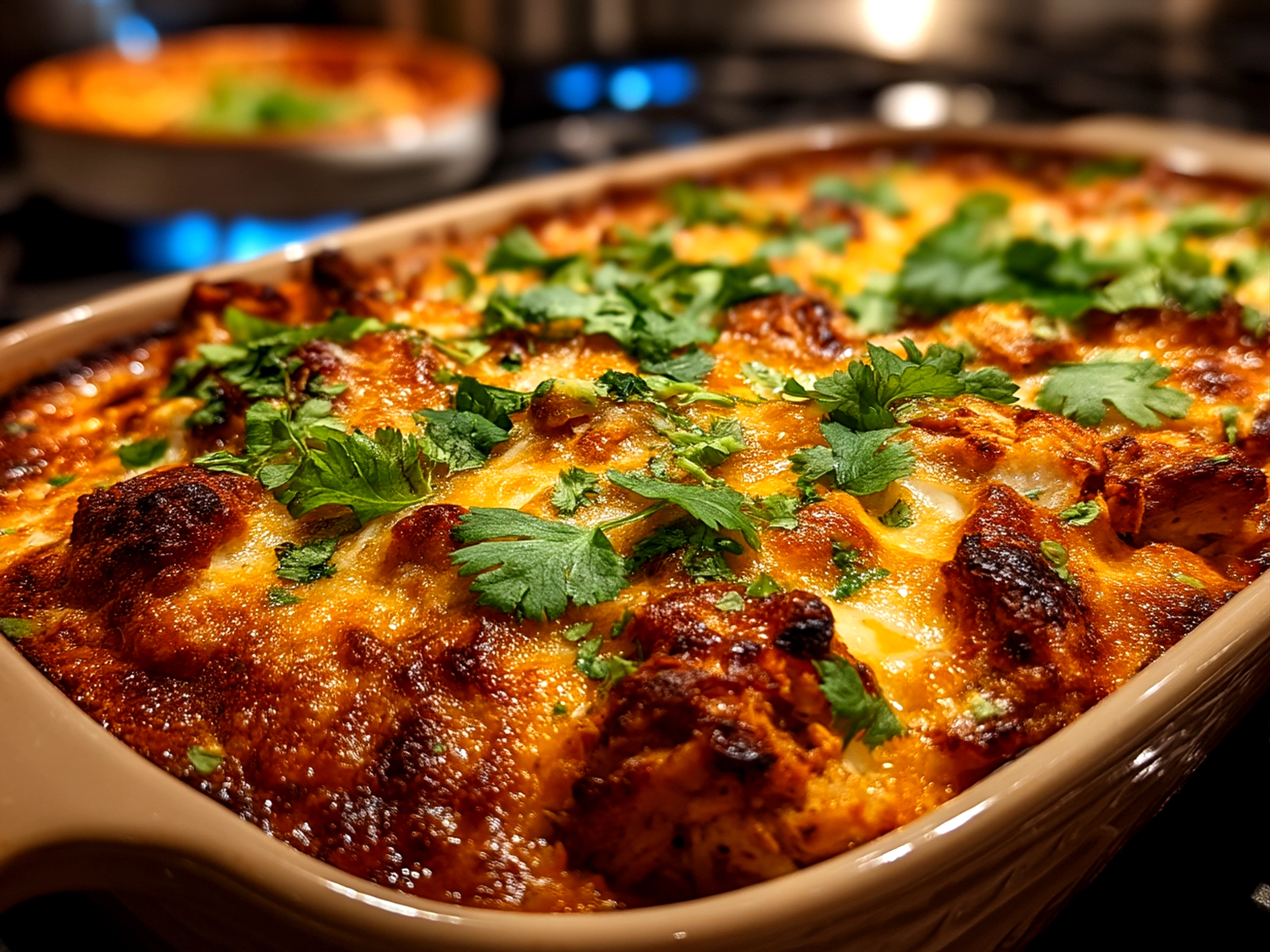 Served Shredded Chicken Enchilada Casserole with sides