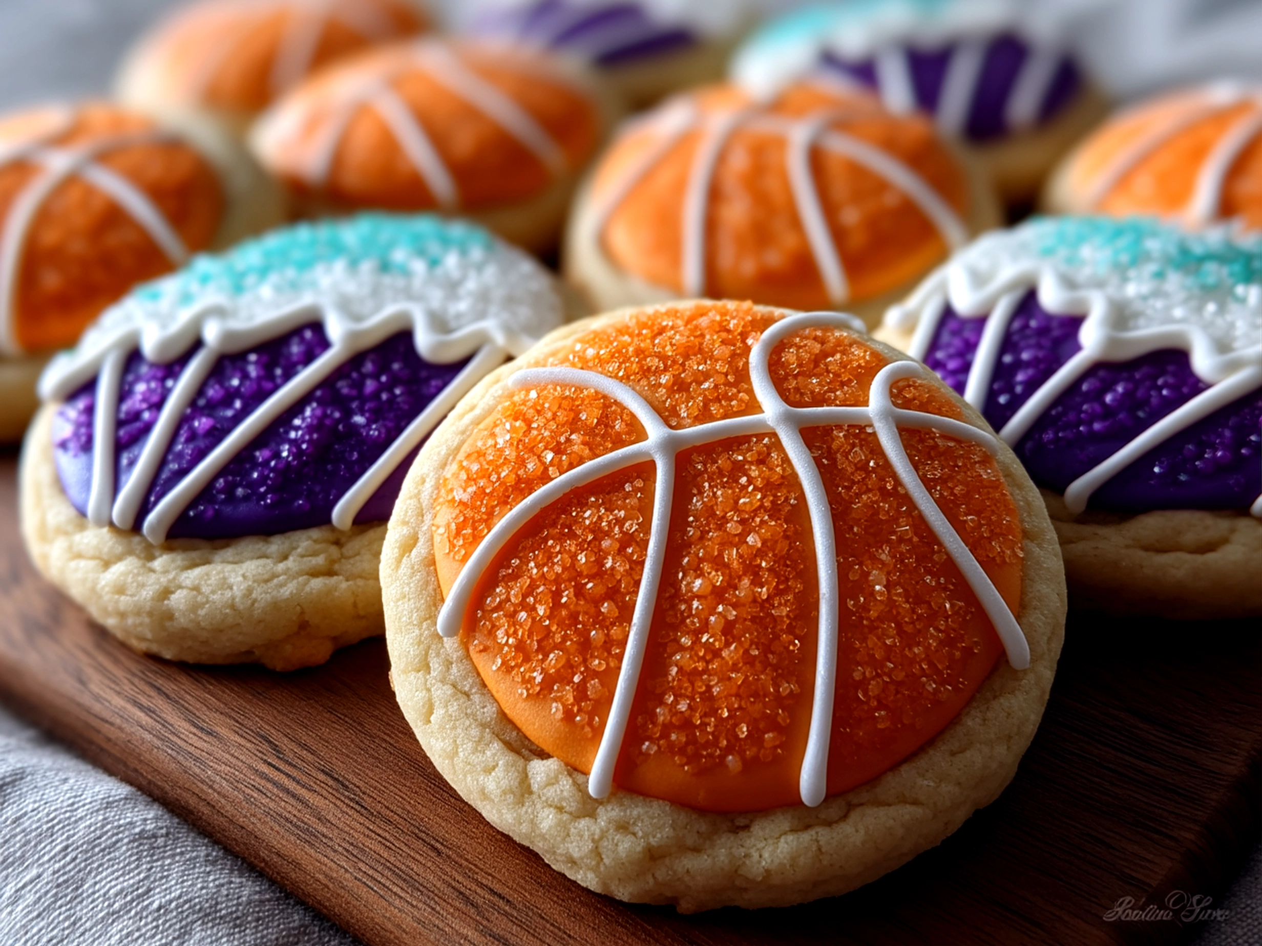 Slight angle close up of finished basketball sugar cookies