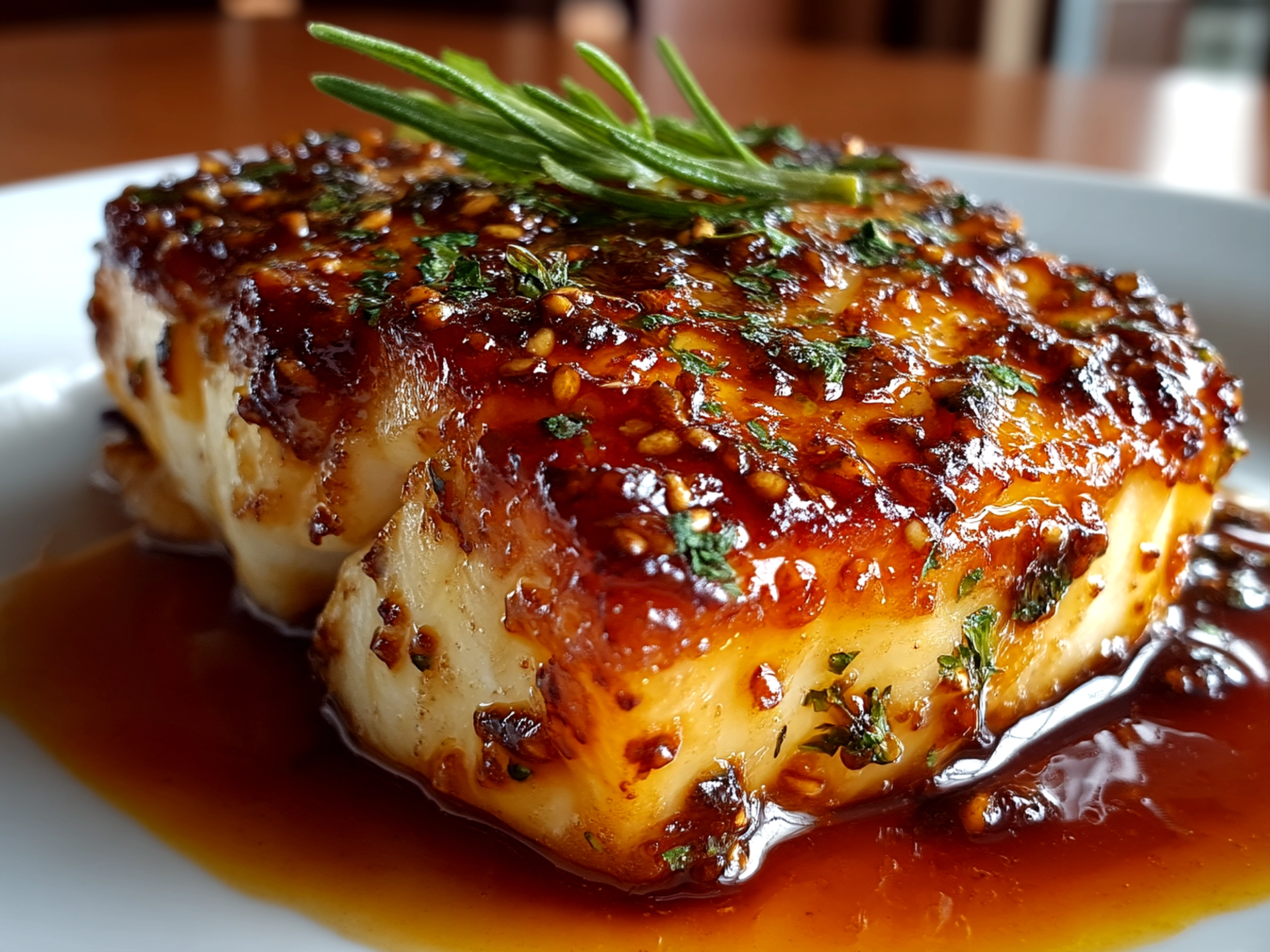 Close-up of finished delicious baked honey marinade cod with golden glaze