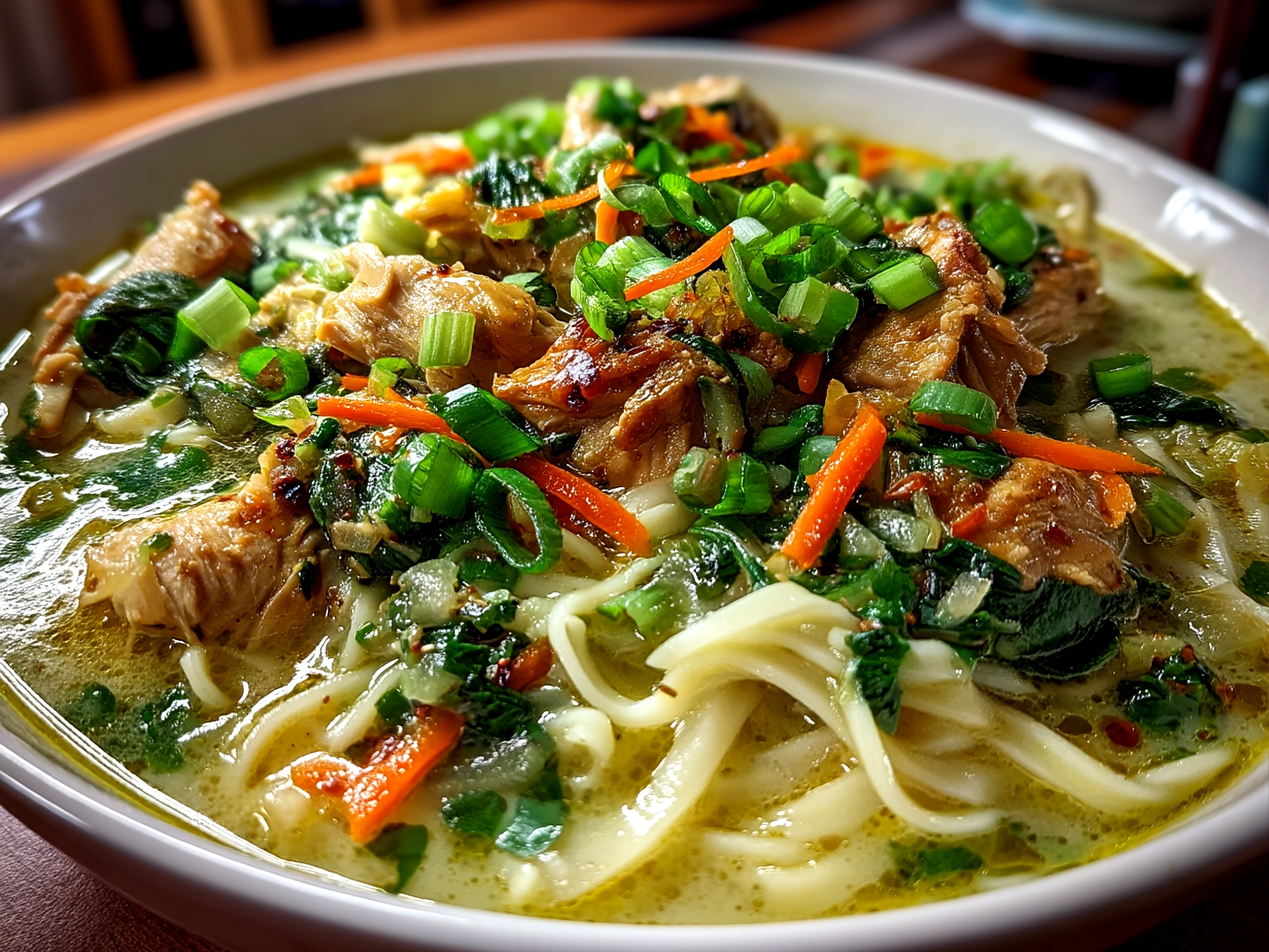 Slight angle close up of finished Ginger Scallion Chicken Noodle Soup in a bowl garnished with scallions and chili