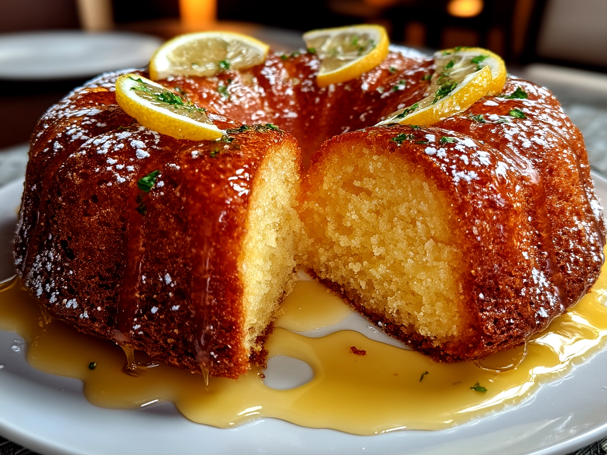 Close-up of finished Limoncello Cake with lemon glaze dessert topping