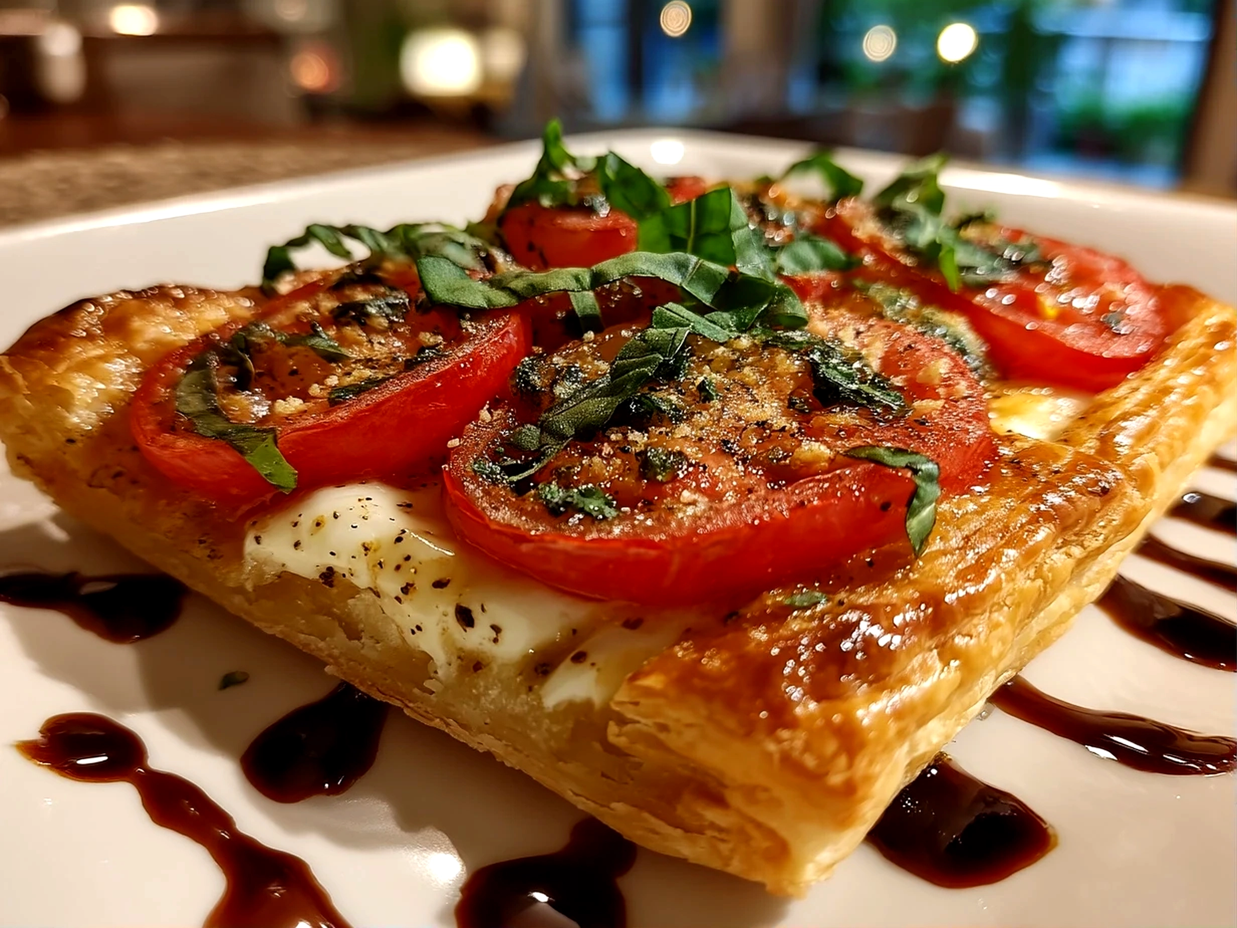 Close-up of finished Puff Pastry Caprese with melted cheese and tomato