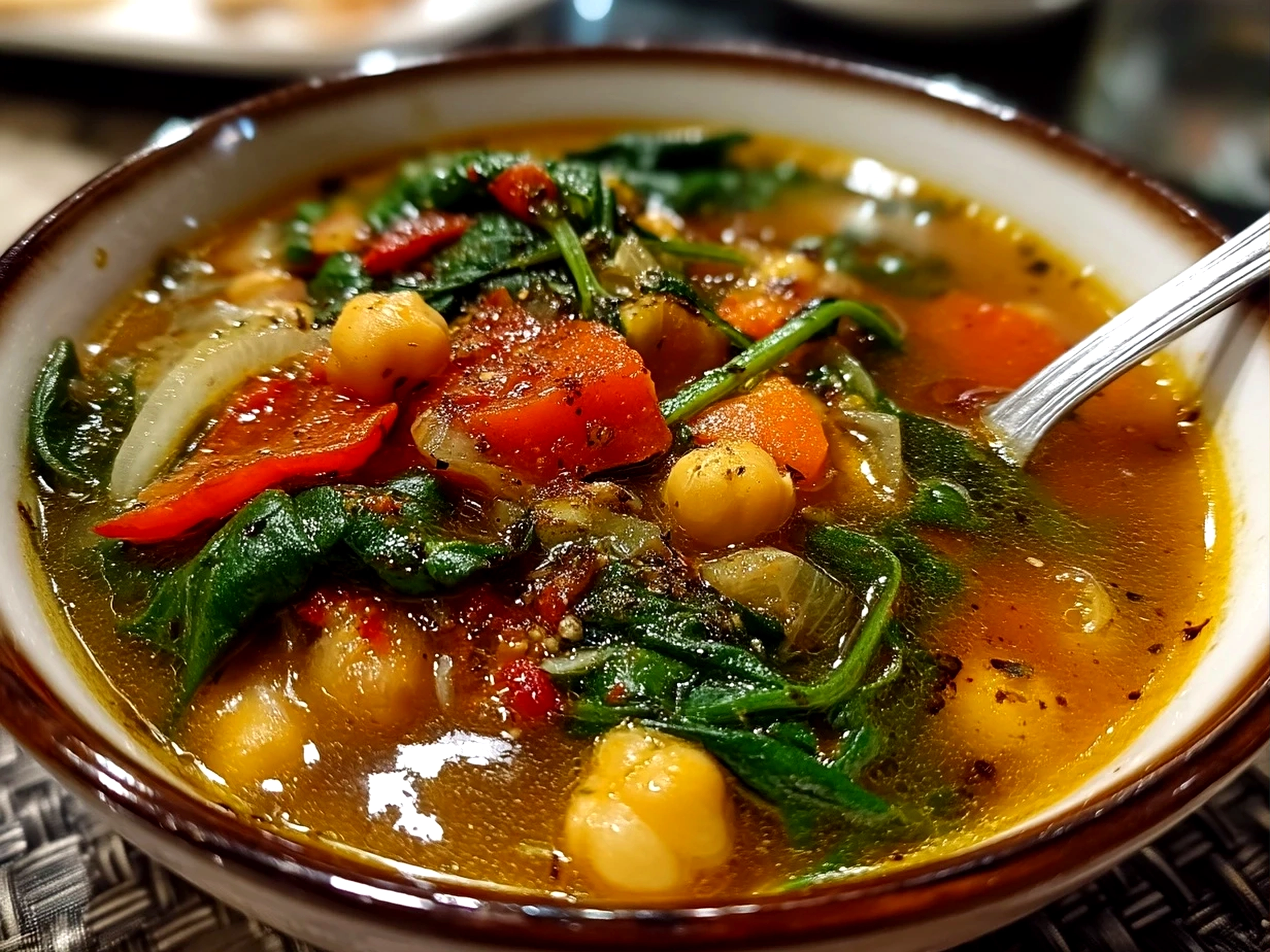Slight angle close-up of finished Tuscan Chickpea Soup in a bowl