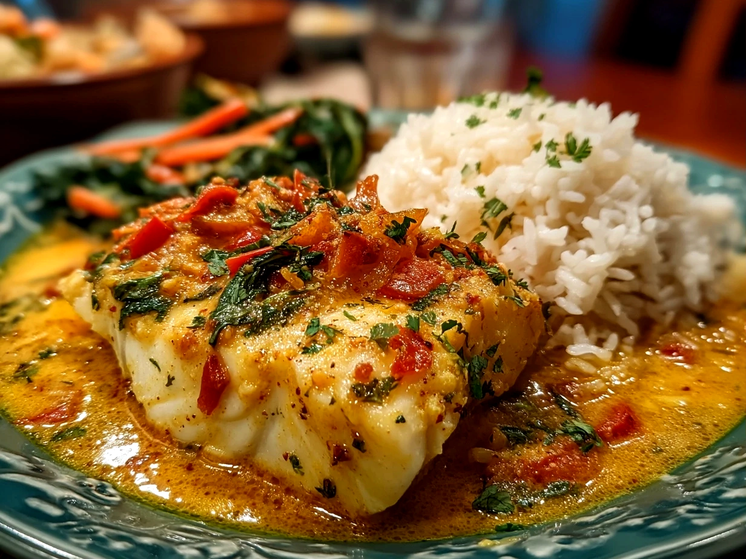 Slight angle close up of finished Coconut Curry Baked Cod