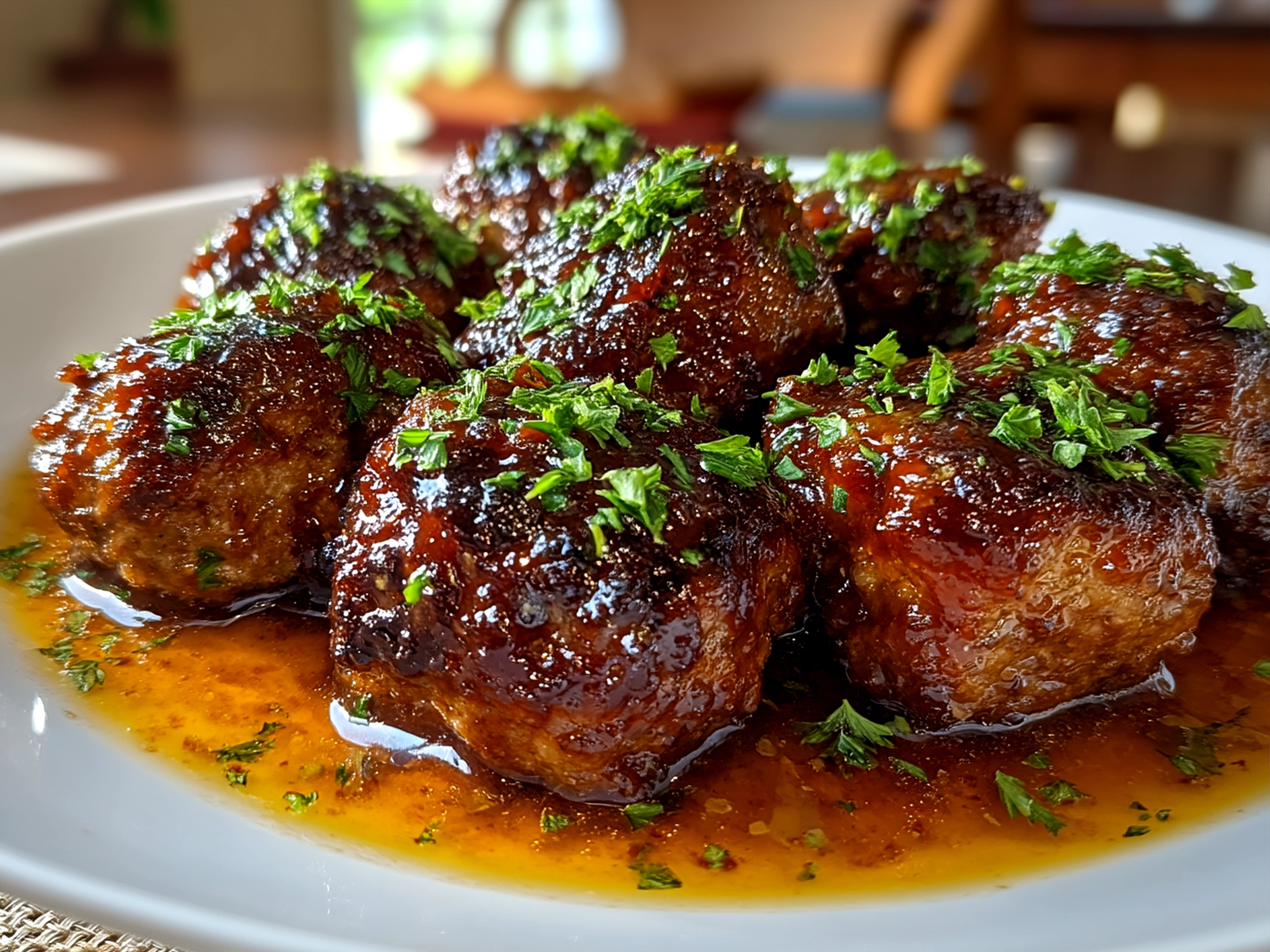 Slow Cooker Bourbon Apple Butter Meatballs served on a rustic board with sauce and rosemary