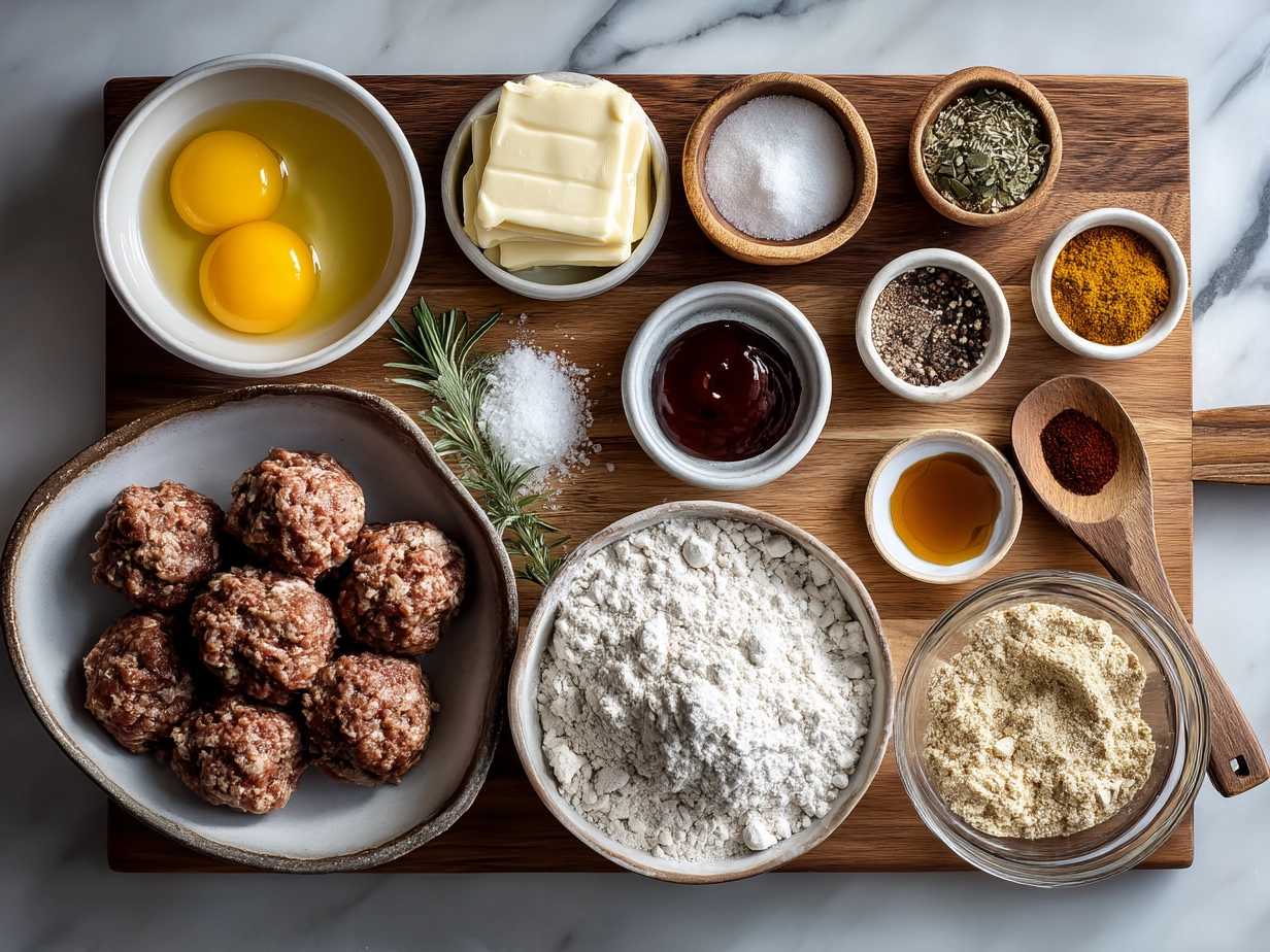 Ingredients for Slow Cooker Bourbon Apple Butter Meatballs laid out
