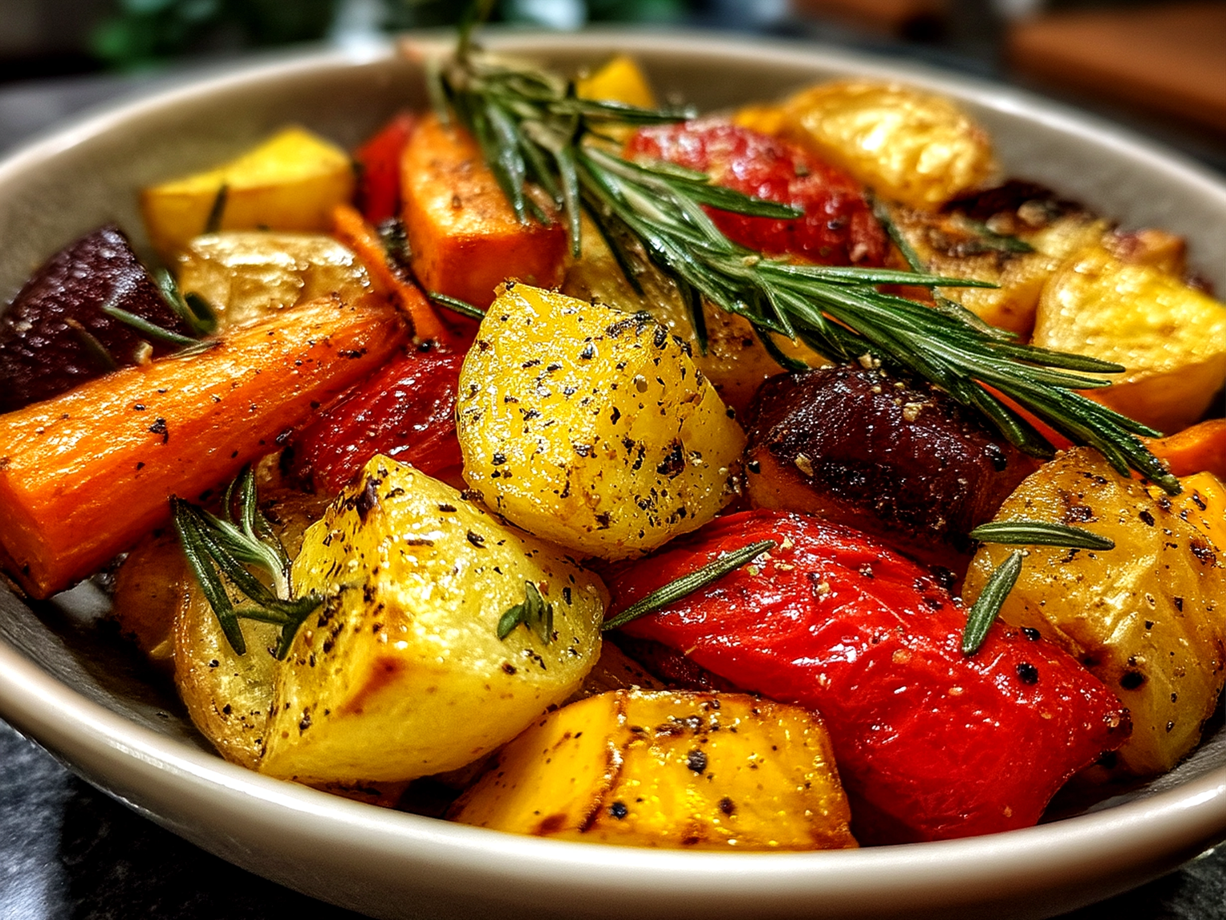 Slow Cooker Roasted Fall Vegetables served on a rustic platter with fresh herbs garnish