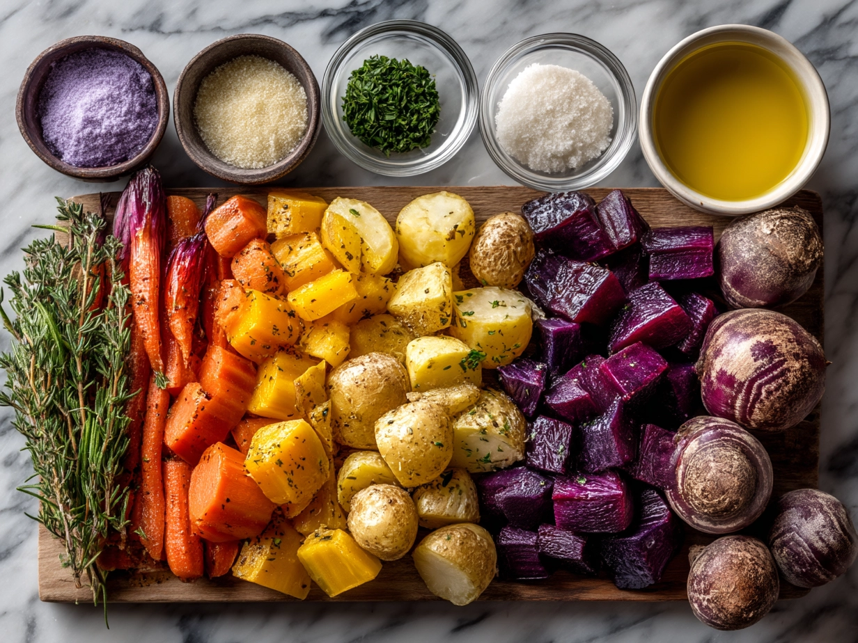 Ingredients for Slow Cooker Roasted Fall Vegetables including butternut squash, carrots, Brussels sprouts, red onion, garlic, and spices