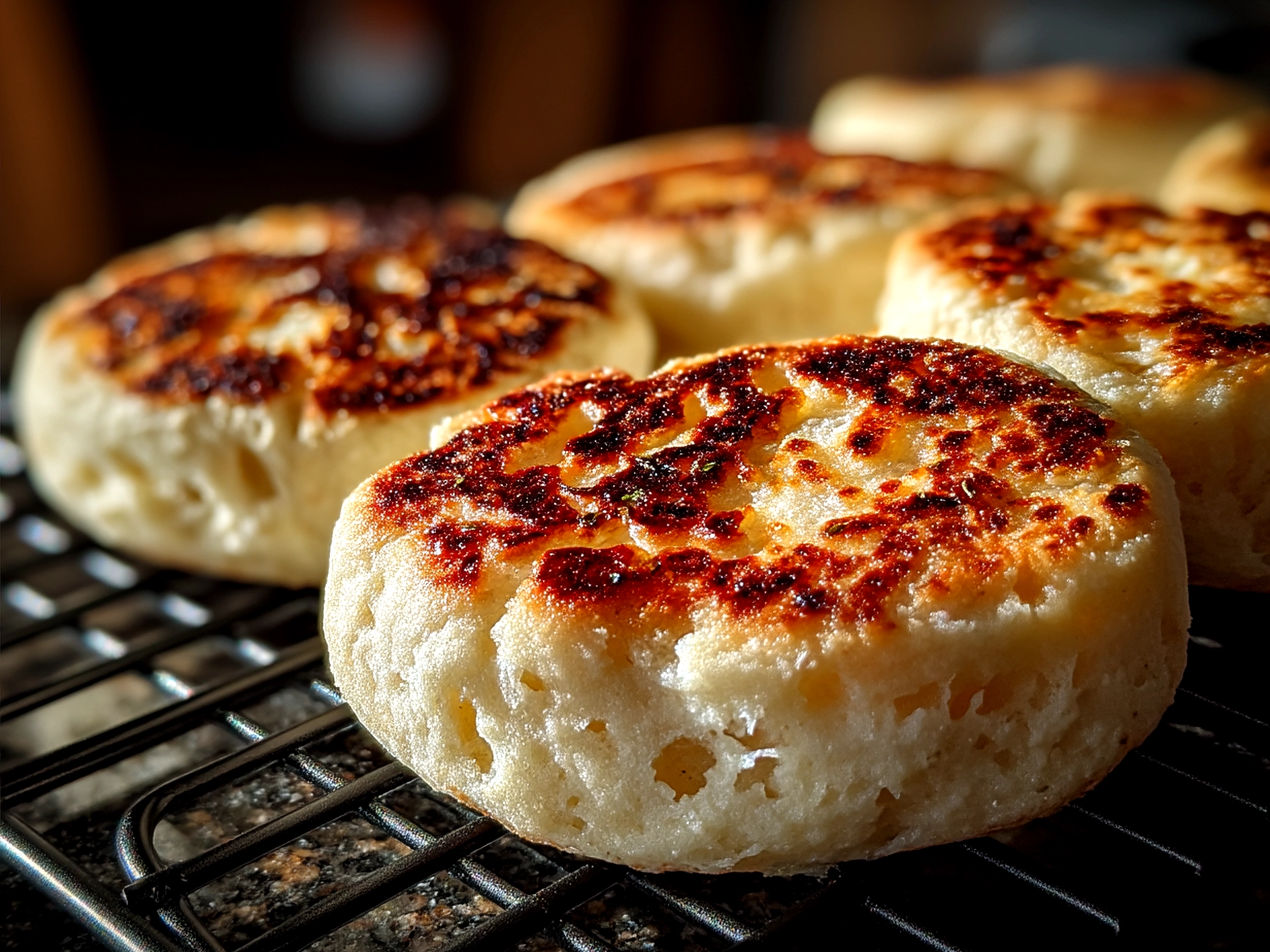 Freshly cooked Sourdough Discard English Muffins served with butter and jam