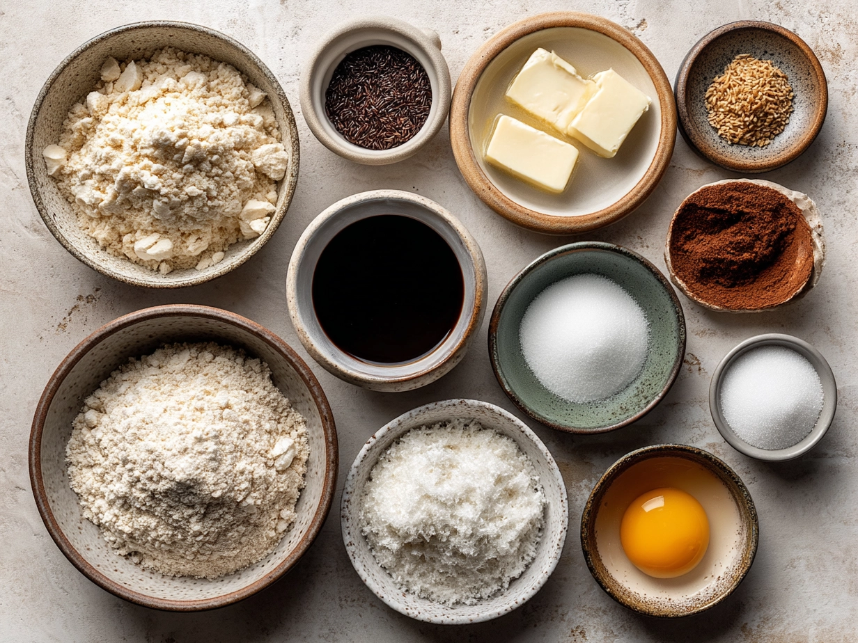Ingredients for Sourdough Discard English Muffins including flour, milk, sourdough discard, and butter