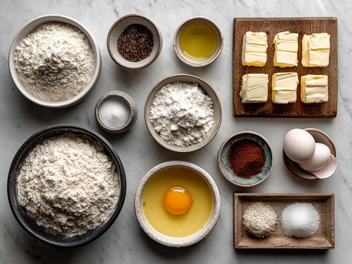 Ingredients for sourdough popovers including sourdough starter, milk, flour, eggs, butter, and spices