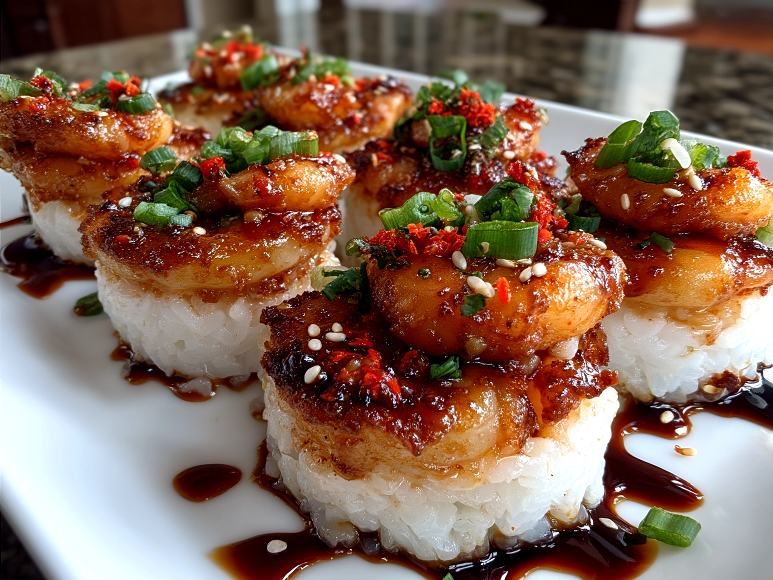 Plated Spicy Shrimp Sushi Stacks garnished with sesame seeds and green onions