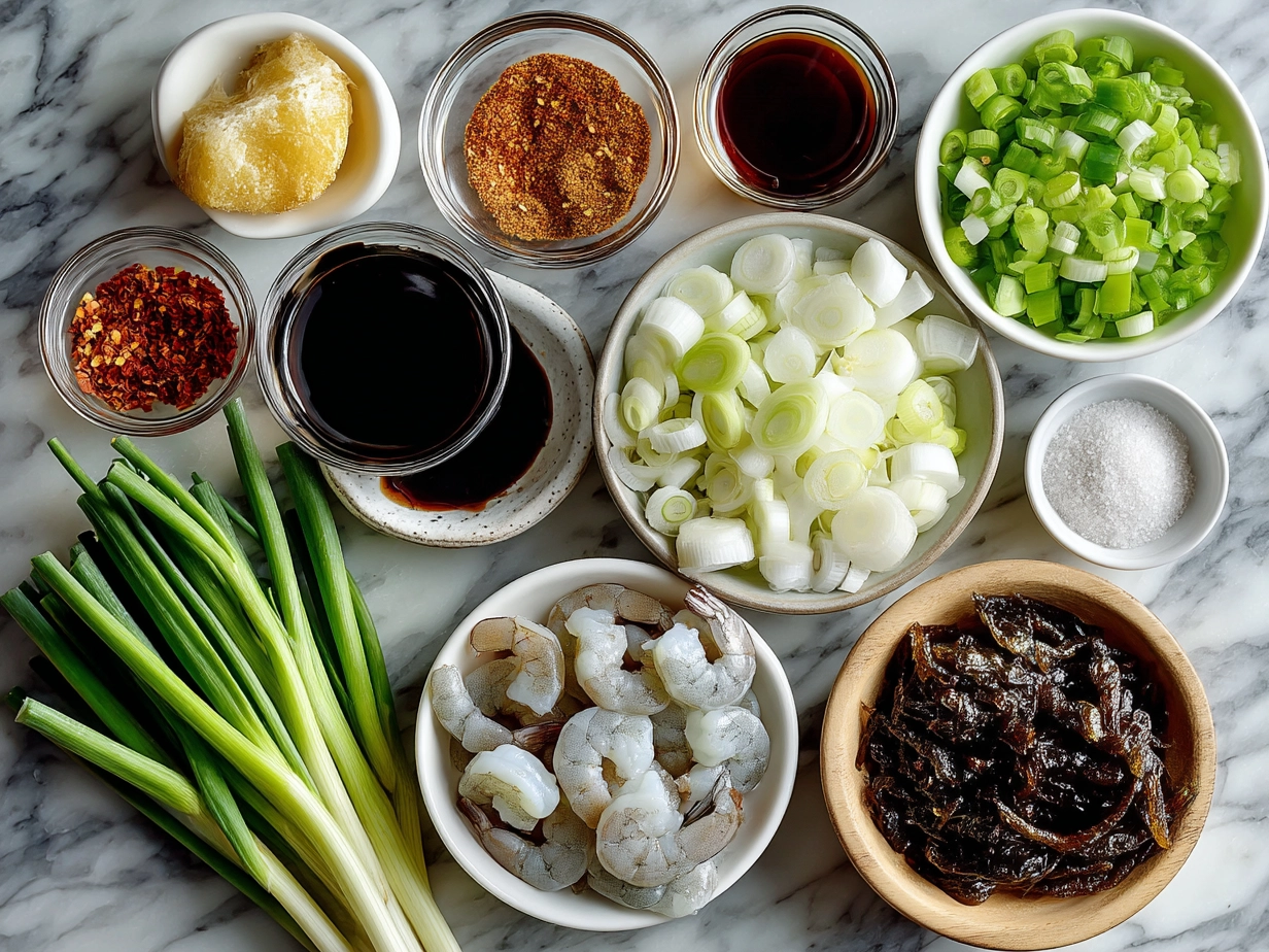 Ingredients for Spicy Shrimp Sushi Stacks including shrimp, sushi rice, avocado, cucumber, spicy mayo, nori, sesame seeds, and green onions