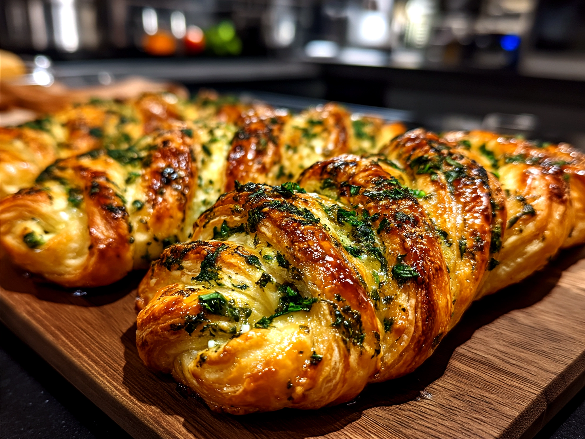 Plated Spinach and Feta Puff Pastry Twists served as an appetizer