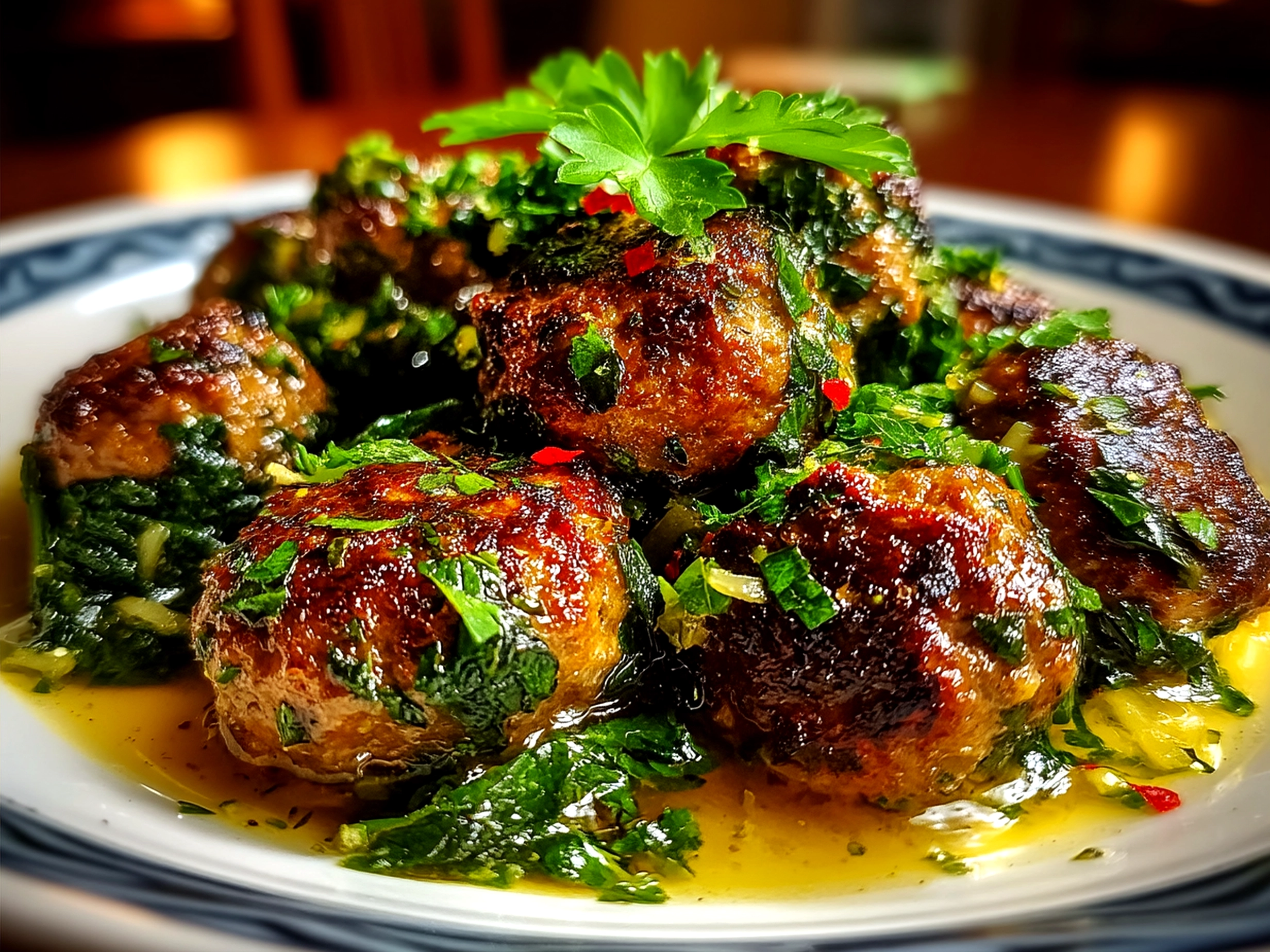 Finished Spinach Garlic Meatballs served on a platter garnished with basil and Parmesan