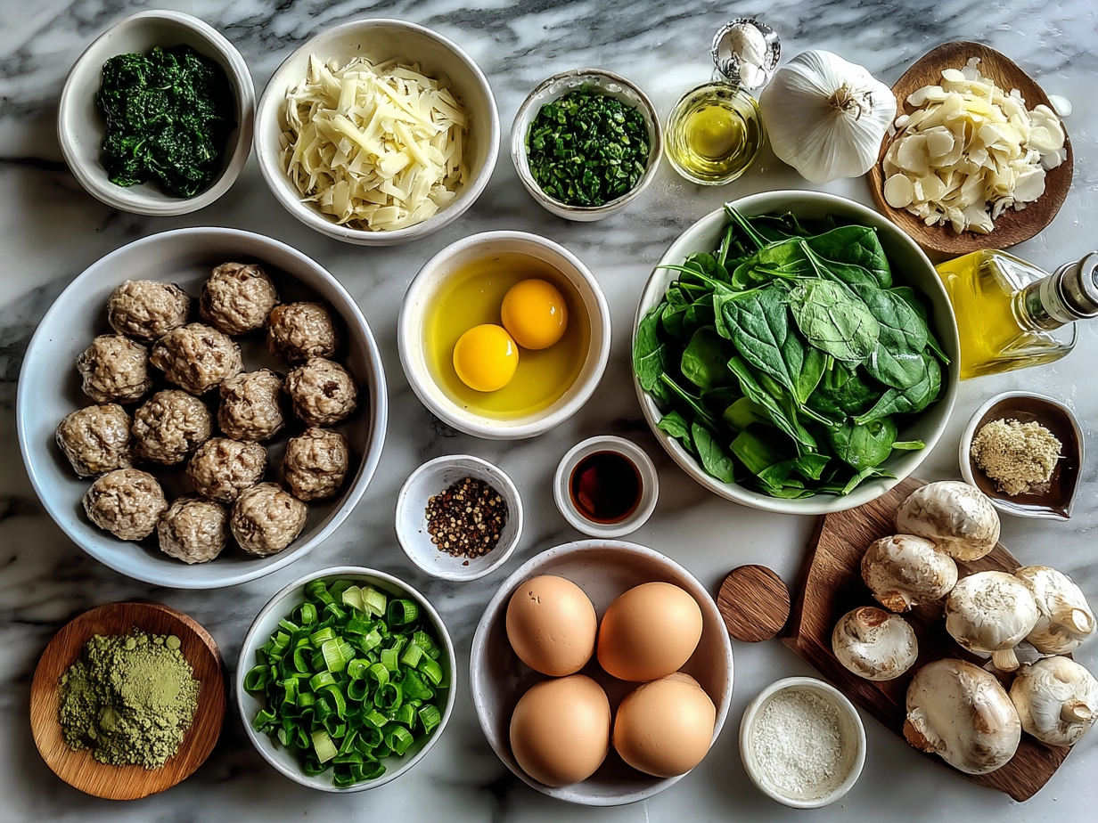 Ingredients for Spinach Garlic Meatballs including ground meat, fresh spinach, garlic, breadcrumbs, egg, Parmesan, olive oil, and seasonings