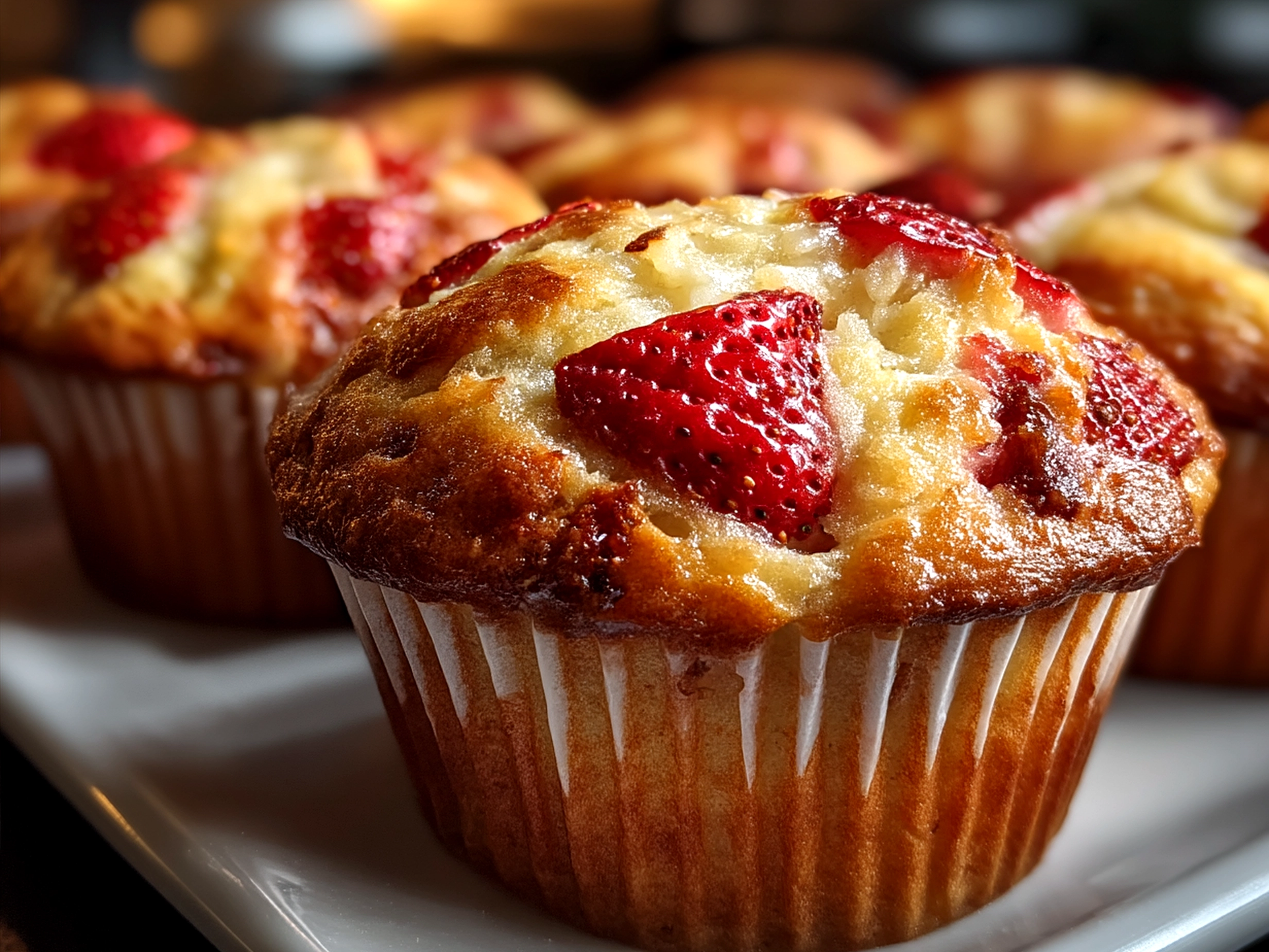 Freshly baked Strawberry Banana Muffins served on a rustic plate