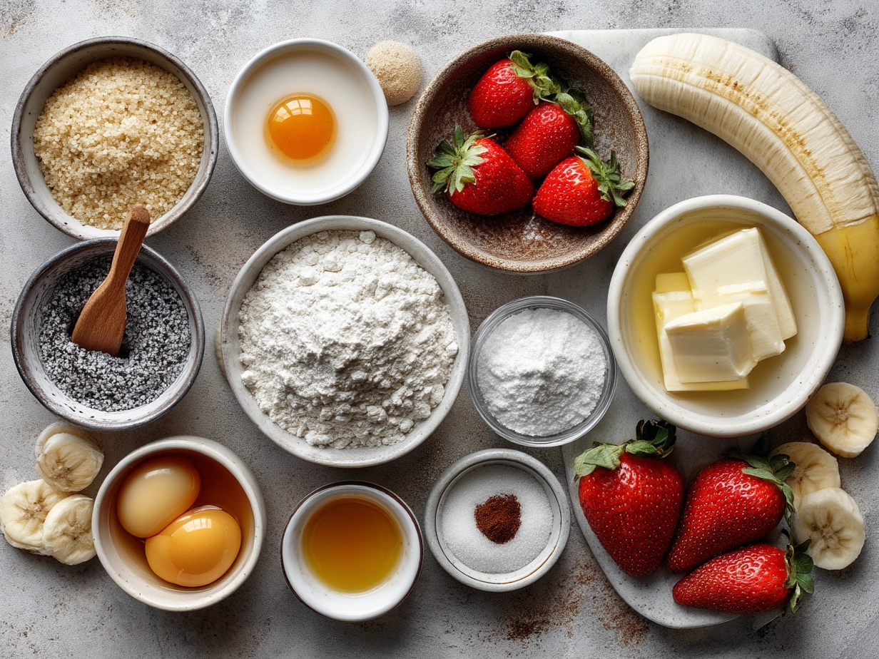 Ingredients for Strawberry Banana Muffins laid out neatly