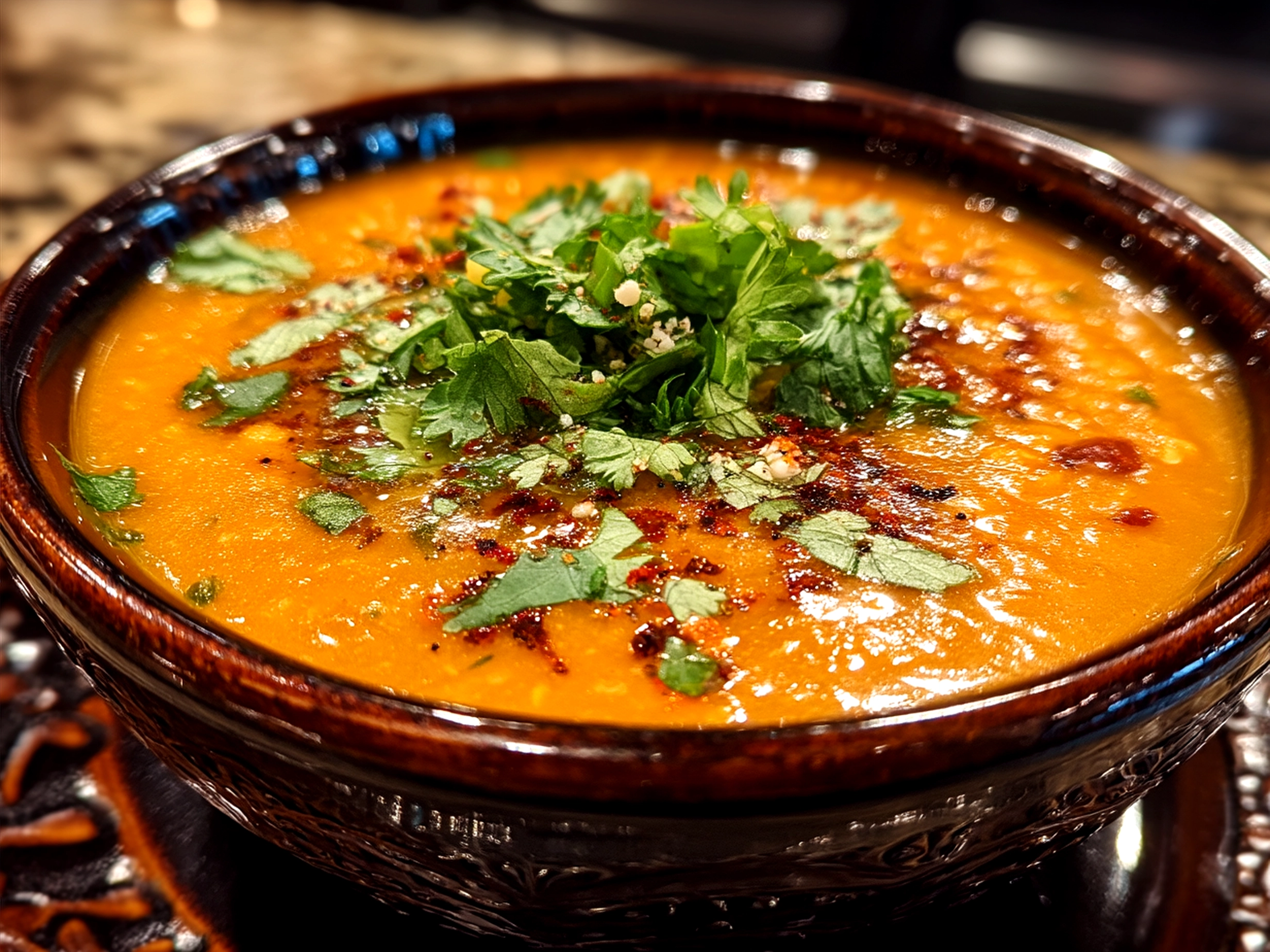 Bowl of Thai Coconut Red Lentil Soup garnished with fresh cilantro and lime