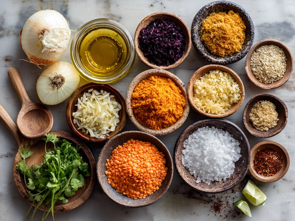 Ingredients for Thai Coconut Red Lentil Soup laid out on a table