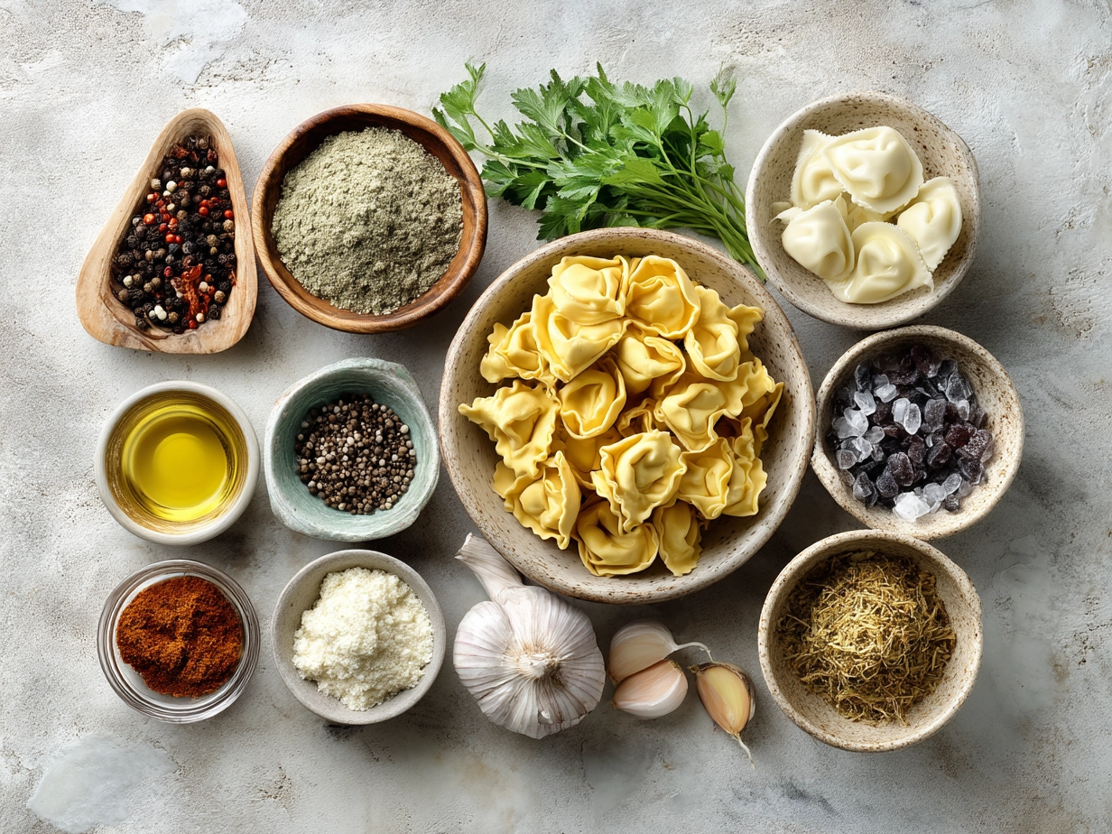 Ingredients for making Tortellini Soup laid out on a table