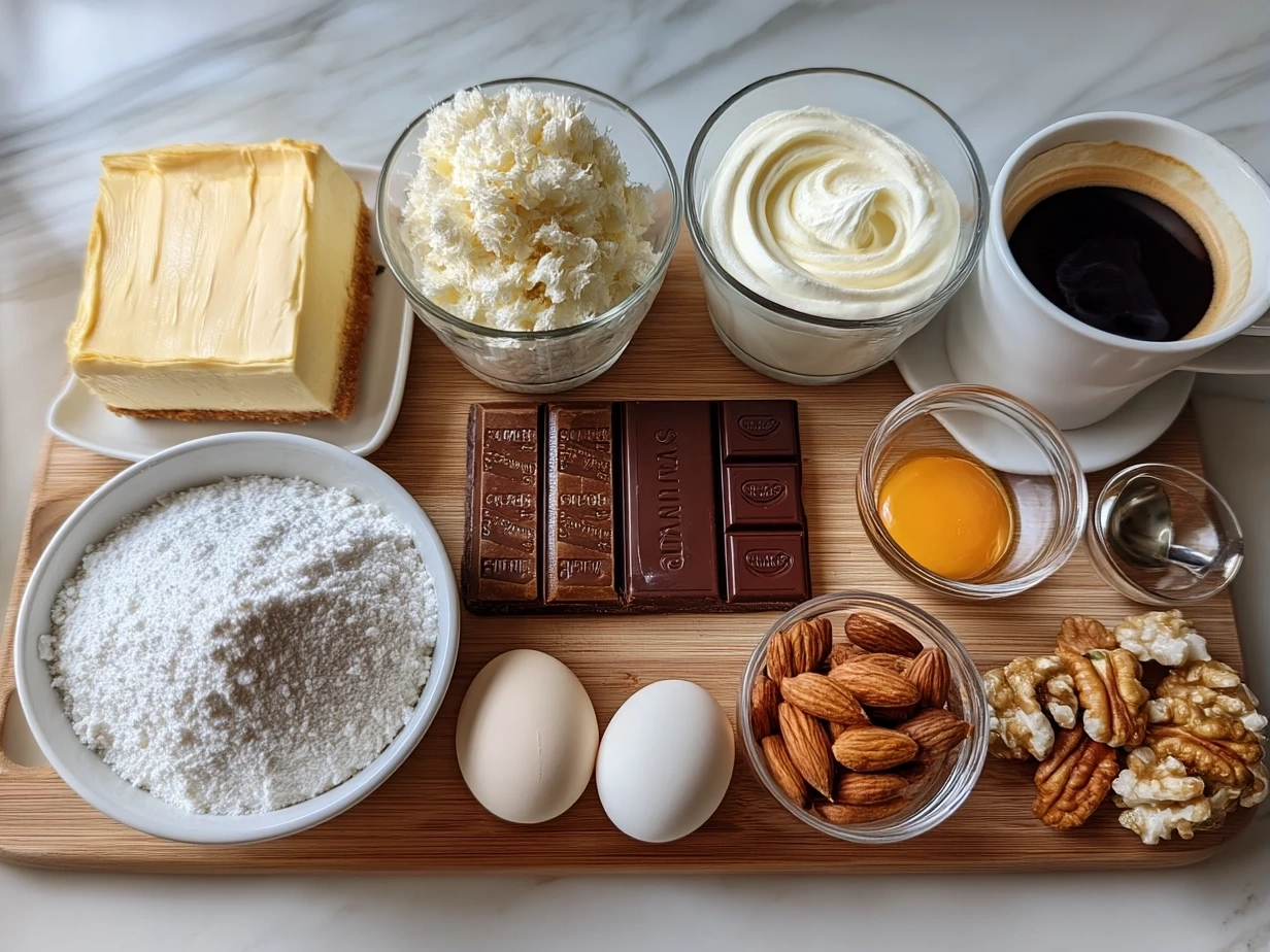Top down view of raw ingredients for 3 Ingredient Creamy Yogurt Cake on marble surface