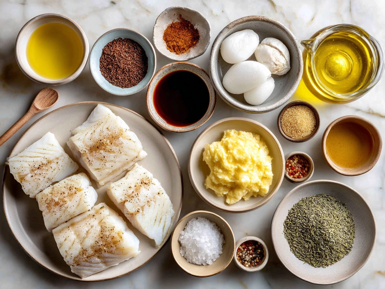 Top down view of raw ingredients for baked honey marinade cod on marble counter