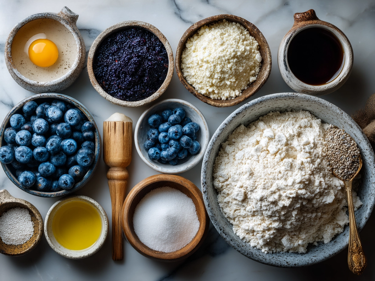 Ingredients laid out for Blueberry Crumb Cake on marble surface