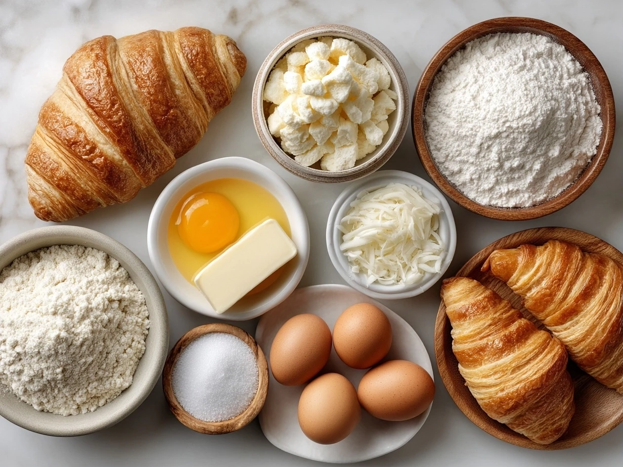 Top down view of raw ingredients for Breakfast Pillsbury Crescent Rolls including crescent rolls dough, eggs, cheese, and bacon