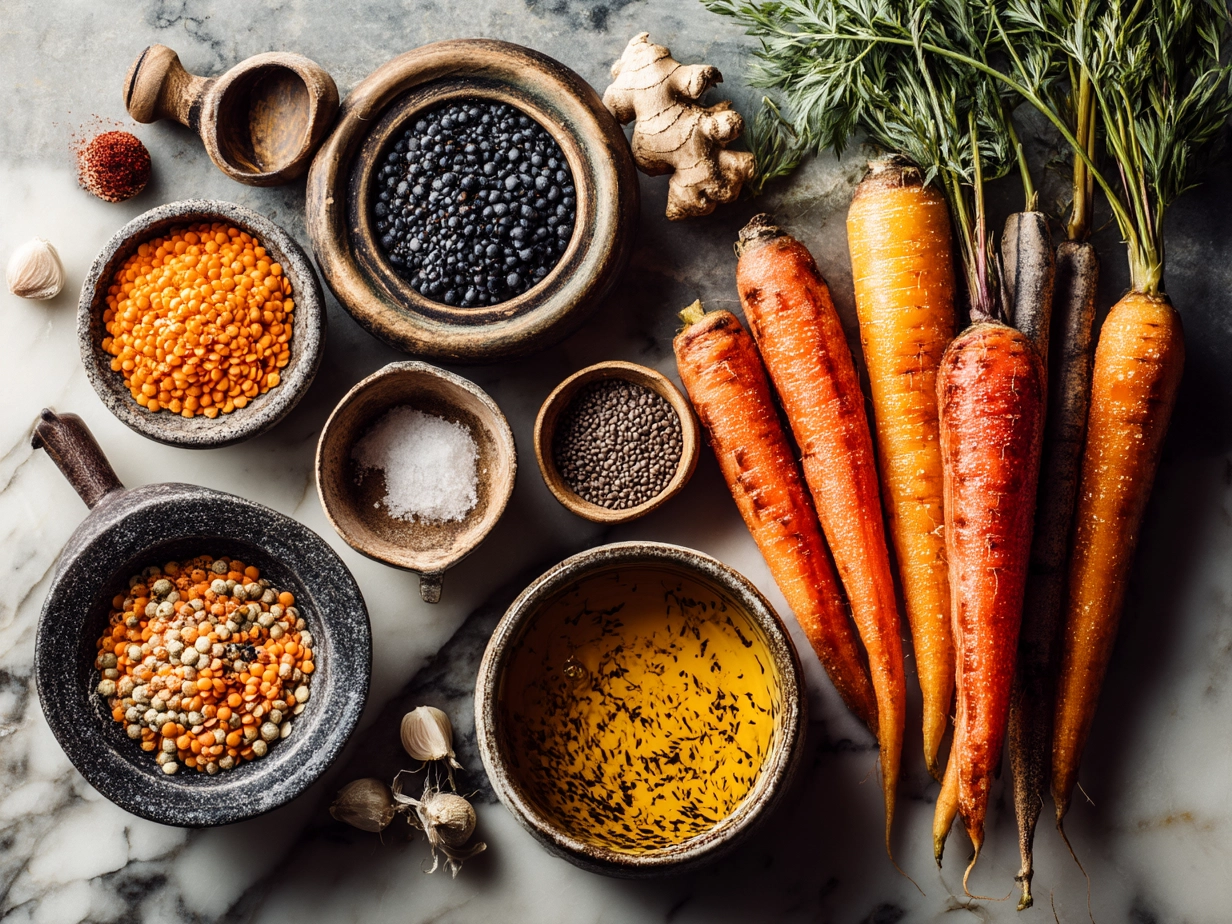 Raw ingredients for Carrot and Lentil Soup including red lentils, carrots, onion, garlic, and spices