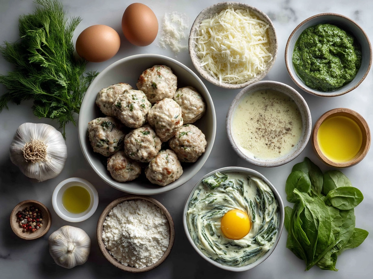 Top down raw ingredients for chicken ricotta meatballs with spinach Alfredo sauce