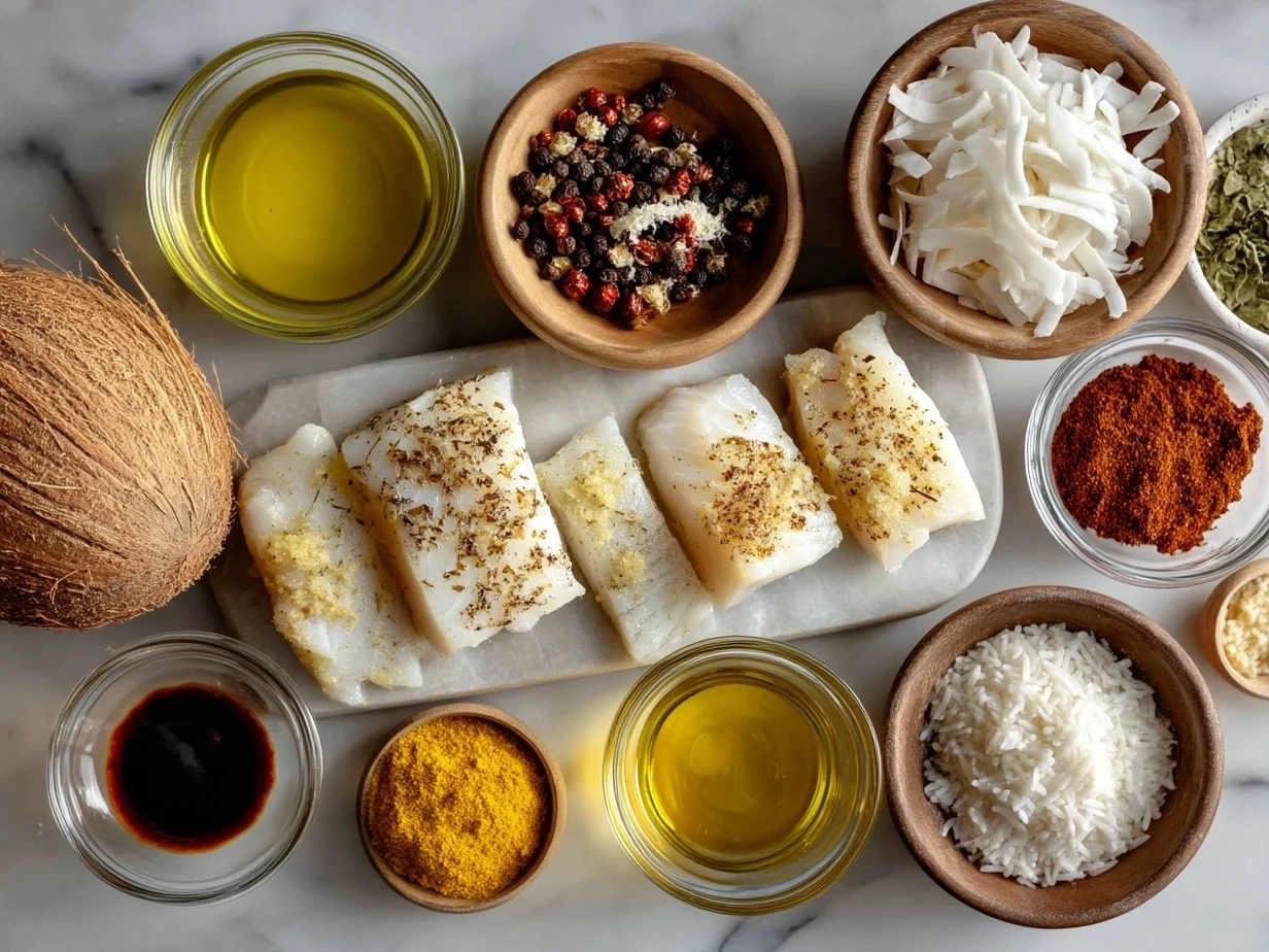 Raw ingredients for Coconut Curry Baked Cod on marble surface
