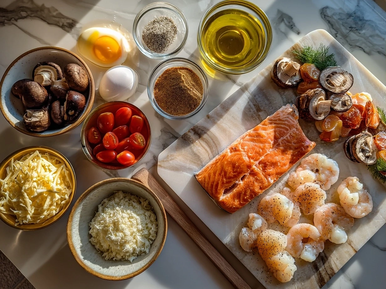 Top down raw ingredients for crab and shrimp stuffed salmon on marble countertop